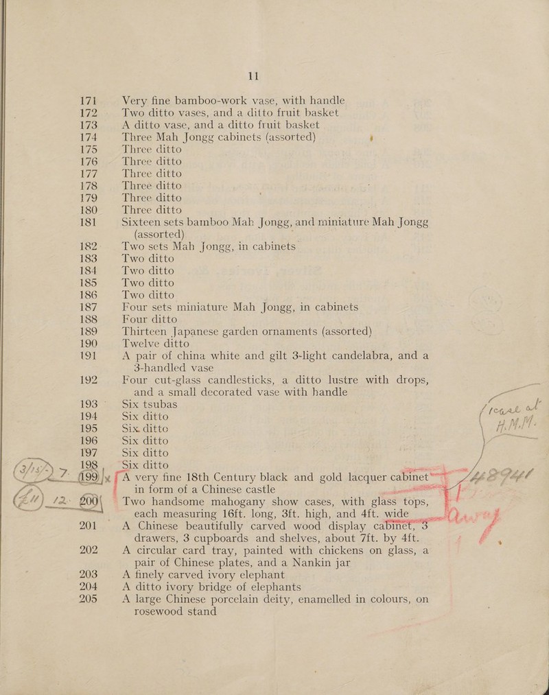 ve Very fine bamboo-work vase, with handle 172 - Two ditto vases, and a ditto fruit basket 173 A ditto vase, and a ditto fruit basket 174 Three Mah Jongg cabinets (assorted) : 175 Three ditto 176 Three ditto 177 Three ditto 178 Three ditto 179 Three. ditto 180 Three ditto 181 Sixteen sets bamboo Mah Jongg, and miniature Mah Jongg (assorted) 182- Two sets Mah Jongg, in cabinets 183 Two ditto 184 Two ditto 185 Two ditto 186 Two ditto 187 Four sets miniature Mah Jongg, in cabinets 188 Four ditto 189 Thirteen Japanese garden ornaments (assorted) 190 Twelve ditto 19] A pair of china white and gilt 3-light candelabra, and a 3-handled vase 192 Four cut-glass candlesticks, a ditto lustre with drops, and a small decorated vase with handle ow 193 2 (Six toubas ey Te 194 Six ditto | | eee 196 Six ditto ie iat 197 Six ditto 7 | a 198 , Six ditto Pz 199) | A very fine 18th Century black and gold ga cabine - in form of a Chinese castle aan: £2 200) Two handsome mahogany show cases, with glass oe. Se neta . each measuring 16ft. long, 3ft. high, and 4ft. wide came BA . eee 201 A Chinese beautifully carved wood display cabinet, 3 ~~ # drawers, 3 cupboards and shelves, about 7ft. by 4ft. - Ss 202 A circular card tray, painted with chickens on glass, a pair of Chinese plates, and a Nankin jar 203 A finely carved ivory elephant 204 A ditto ivory bridge of elephants 205 A large Chinese porcelain deity, enamelled in colours, on rosewood stand 