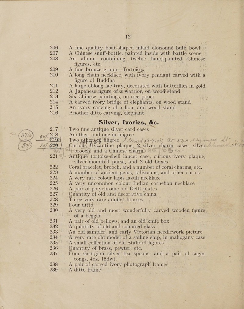  A Chinese snuff-bottle, painted inside with battle scene. figures, etc. | A fine bronze group—Tortois¢ figure of Buddha A large oblong lac tray, decorated with butterflies in gold A Japanese figure ofa warrior, on wood stand Six Chinese paintings, on rice paper An ivory carving of a lion, and wood stand Another ditto carving, elephant Silver, Ivories, &amp;c. Two fine antique silver card cases Another, and one in filigree brooch, and a Chinese charm. )% j < fi silver-mounted purse, and 2 old boxes A number of ancient gems, talismans, and other curios A very rare colour lapis lazuli necklace A pair of polychrome old Delft pilates Quantity of old and decorative china Four ditto of a beggar - ( A pair of old bellows, and an old knife: box A ‘quantity of old and coloured glass A very rare old model of a sailing ship, in mahogany case Quantity of brass, pewter, etc. Four Georgian silver tea spoons, and a pair of aa tongs, 40z. lsdwt. A pair of carved ivory photograph frames ASGIULO dramen!