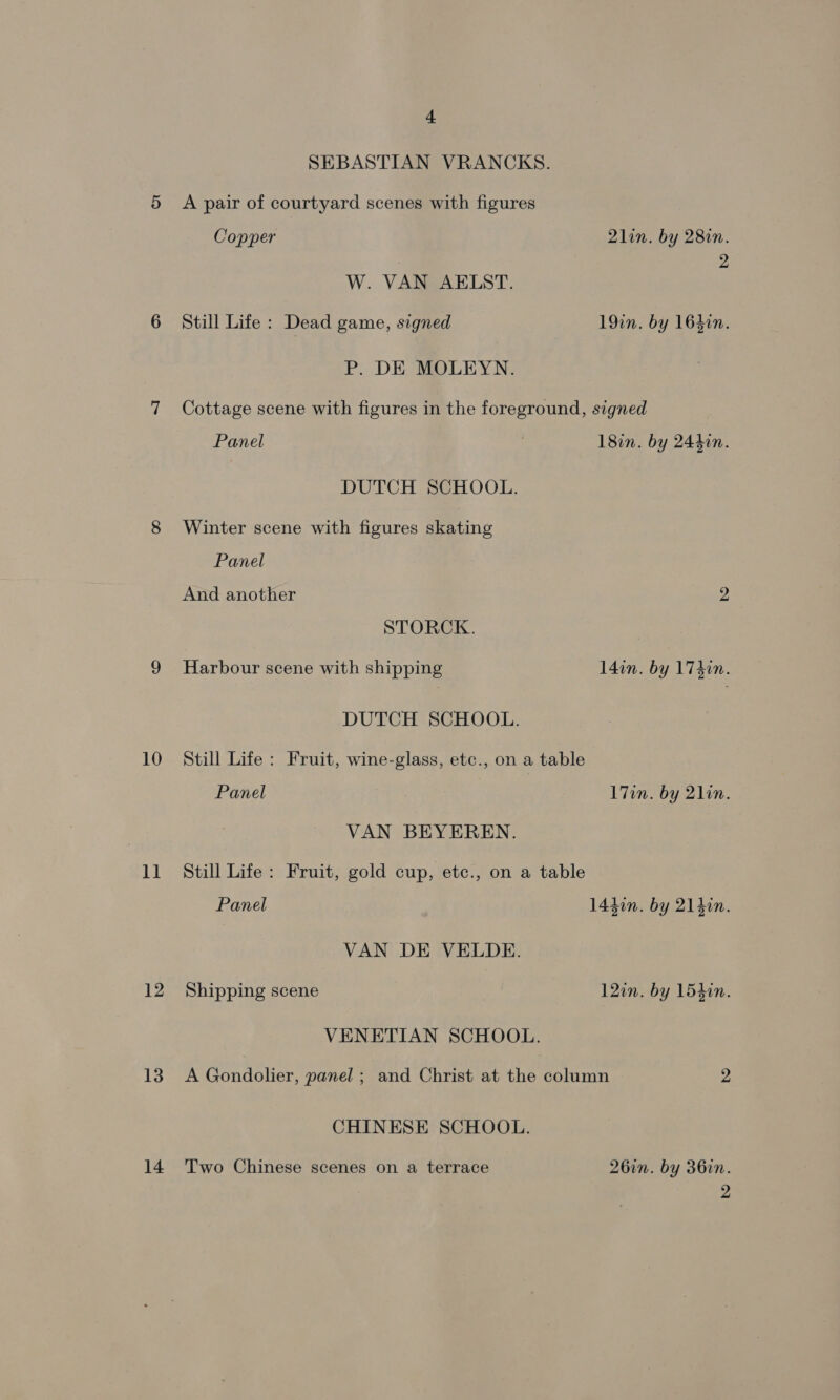 10 11 12 13 14 4. SEBASTIAN VRANCKS. A pair of courtyard scenes with figures Copper 21in. by 28in. 2 W. VAN AELST. Still Life : Dead game, signed 19in. by 164in. P. DE MOLEYN. Cottage scene with figures in the foreground, signed Panel . 18in. by 2440n. DUTCH SCHOOL. Winter scene with figures skating Panel And another 2 STORCK. Harbour scene with shipping l4in. by 174in. DUTCH SCHOOL. Still Life: Fruit, wine-glass, etc., on a table Panel | | 17in. by 21in. VAN BEYEREN. Still Life: Fruit, gold cup, etc., on a table Panel 14din. by 214in. VAN DE VELDE. Shipping scene 12an. by 154in. VENETIAN SCHOOL. A Gondolier, panel ; and Christ at the column 2 CHINESE SCHOOL. Two Chinese scenes on a terrace 26in. by 36in. 2