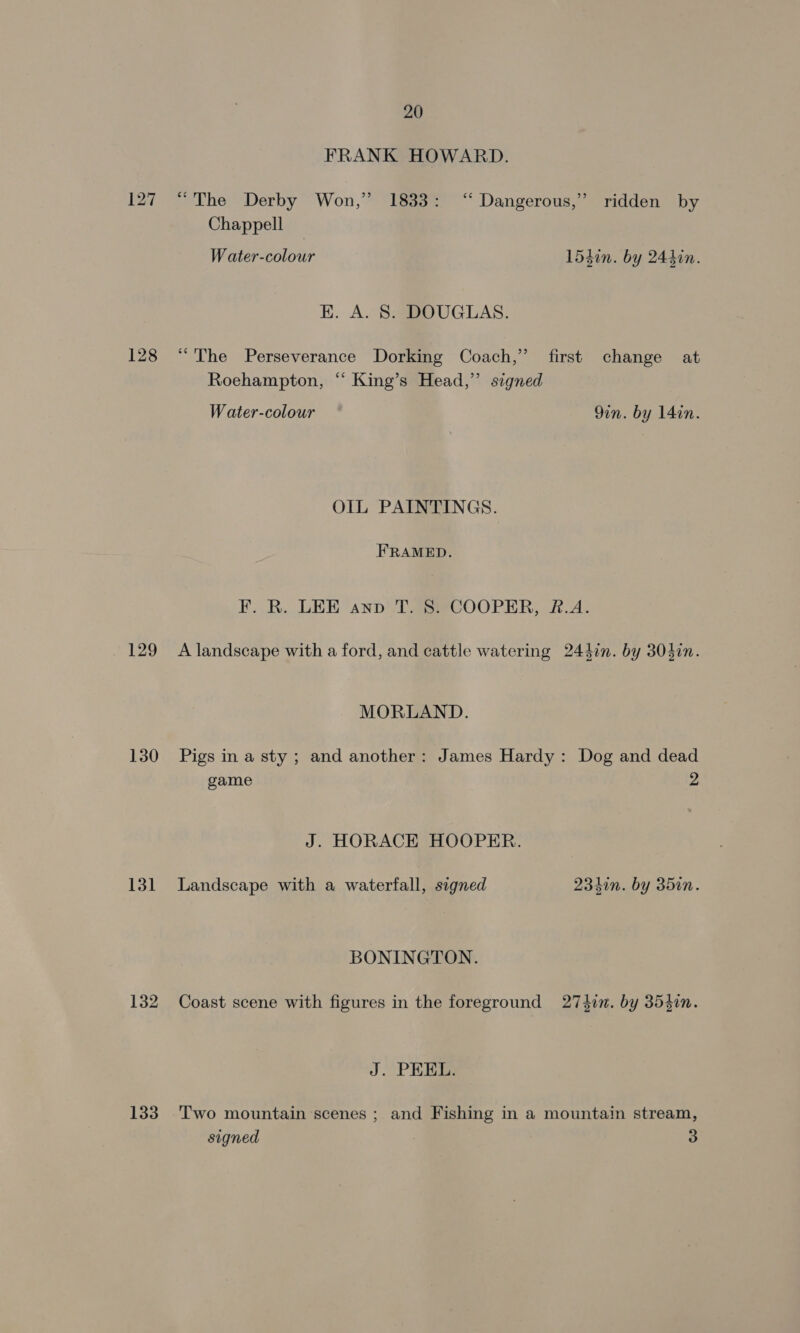 FRANK HOWARD. 127 “The Derby Won,” 1833: ‘ Dangerous,” ridden by Chappell W ater-colour 154in. by 244in. EK. A. 8. DOUGLAS. 128 “The Perseverance Dorking Coach,” first change at Roehampton, “‘ King’s Head,” signed W ater-colour 9in. by 14in. OIL PAINTINGS. FRAMED. F. R. LEE anv T. 8. COOPER, #.A. 129 A landscape with a ford, and cattle watering 244in. by 304in. MORLAND. 130 Pigs ina sty; and another: James Hardy: Dog and dead game 2 J. HORACE HOOPER. 131 Landscape with a waterfall, signed 234in. by 35in. BONINGTON. 132 Coast scene with figures in the foreground 274i. by 354in. J. PEEL. 133 Two mountain scenes ; and Fishing in a mountain stream, signed 7 3