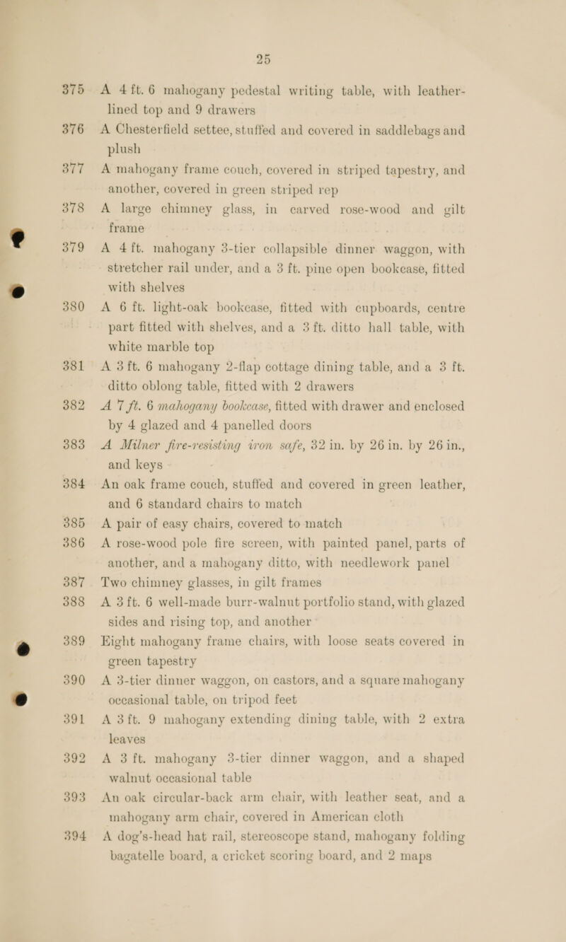 375 376 377 378 379 380 25 A 4ft.6 mahogany pedestal writing table, with leather- lined top and 9 drawers A Chesterfield settee, stuffed and covered in saddlebags and plush A mahogany frame couch, covered in striped tapestry, and another, covered in green striped rep A large chimney glass, in carved rose-wood and gilt frame’ | A 4ft. mahogany 3-tier collapsible dinner waggon, with stretcher rail under, and a 3 ft. pine open bookease, fitted with shelves A 6 ft. light-oak bookease, fitted with cupboards, centre part fitted with shelves, and a 3 ft. ditto hall table, with white marble top A 3 ft. 6 mahogany 2-flap cottage dining table, and a 3 ft. ditto oblong table, fitted with 2 drawers A 7 ft. 6 mahogany bookcase, fitted with drawer and enclosed by 4 glazed and 4 panelled doors A Milner fire-resisting tron safe, 32 in. by 26 in. by 26 in., and keys An oak frame couch, stuffed and covered in green leather, and 6 standard chairs to match A pair of easy chairs, covered to match A rose-wood pole fire screen, with painted panel, parts of another, and a mahogany ditto, with needlework panel Two chimney glasses, in gilt frames A 3 ft. 6 well-made burr-walnut portfolio stand, with glazed sides and rising top, and another Eight mahogany frame chairs, with loose seats covered in green tapestry A 3-tier dinner waggon, on castors, and a square mahogany occasional table, on tripod feet A 3ft. 9 mahogany extending dining table, with 2 extra leaves A 3 ft. mahogany 3-tier dinner waggon, and a shaped walnut occasional table An oak circular-back arm chair, with leather seat, and a mahogany arm chair, covered in American cloth A dog’s-head hat rail, stereoscope stand, mahogany folding