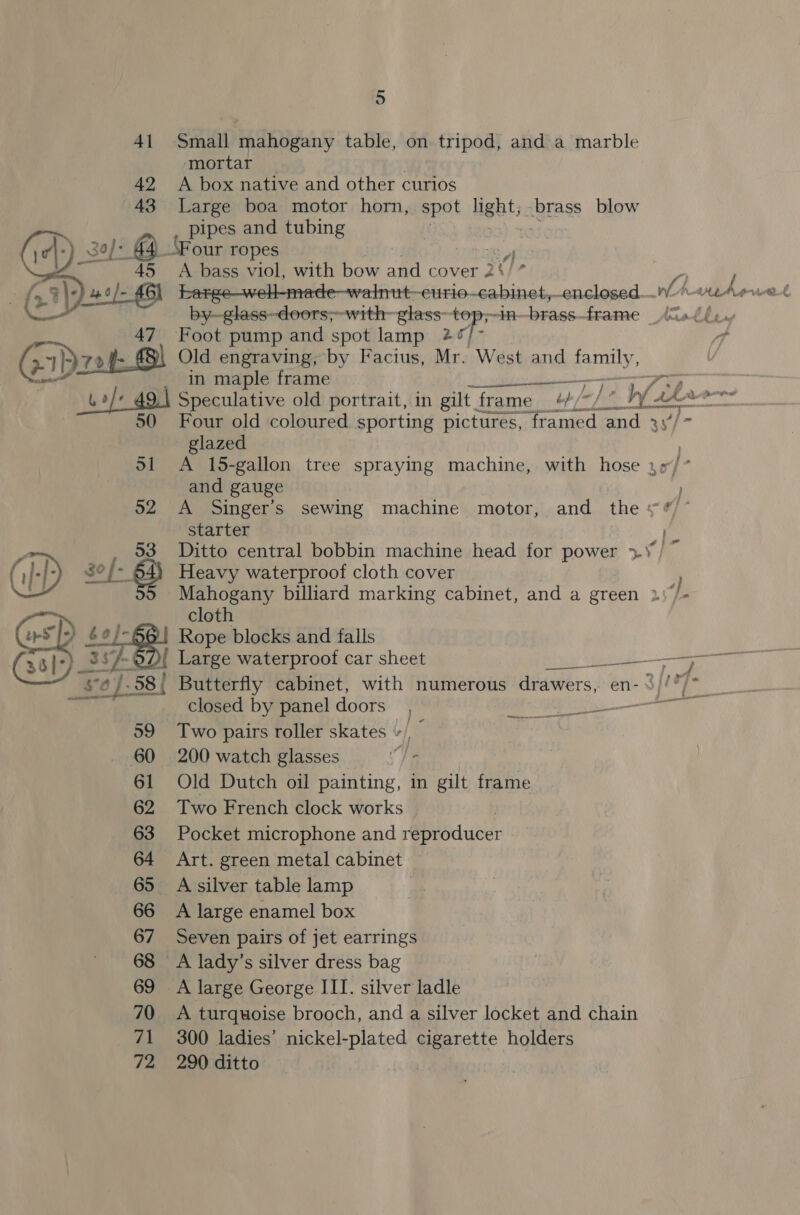 41 Small mahogany table, on tripod, and a marble mortar | 42 A box native and other curios 43 Large boa motor horn, spot light; -brass blow pipes and tubing 30)&gt; fe Four ropes &lt;r 45 A bass viol, with bow and cover 2¢/” es 44.0) baree—well-made—walnut—eurio- -abinet, -enclosed...\vW“”—  47 Foot pump and spot lamp 2¢ Gib 4} ‘am Be! Old engraving, by Facius, Mr. “West and case in maple frame set Sree ame —— 49.) Speculative old portrait, in gilt frame 4// Wi. sto = 50 Four old coloured sporting pictures, a and 3y// glazed 51 A 15-gallon tree spraying machine, with hose ./* and gauge 52 A Singer’s sewing machine motor, and thes * starter ‘&gt; 53 Ditto central bobbin machine head for power &gt;‘) ~ , |-]- hed hl Heavy waterproof cloth cover Mahogany billiard marking cabinet, and a green 2: 7/- cloth  wS I) b0]- Rope blocks and falls 33) SITS 1 Large waterproof car sheet aa ie ae ae af. 58/ Butterfly cabinet, with numerous drawers, en-///* aay closed by panel doors a 59 Two pairs roller skates +) 60 200 watch glasses ] = 61 Old Dutch oil painting, in gilt frame 62 Two French clock works 63 Pocket microphone and reproducer 64 Art. green metal cabinet 65 A silver table lamp 66 A large enamel box 67 Seven pairs of jet earrings 68 A lady’s silver dress bag . 69 A large George III. silver ladle 70 A turquoise brooch, and a silver locket and chain 71 300 ladies’ nickel-plated cigarette holders 72 290 ditto