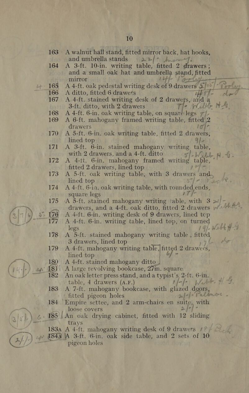 163 A walnut hall stand, fitted mirror back, hat hooks, -and umbrella stands: tide bs As. fi 164 A 3-ft. 10-in. writing table, fitted 2 drawers ; and a small oak hat and umbrella stand, fitted 165 A 4-ft. oak pedestal writing desk of 9 drawers S] 166 A ditto, fitted 6 drawers ay Hae f 7 ie 167 A 4-ft. stained writing desk of 2 drawers, Wy a 3-{t. ditto, with 2 drawers rf Ww 168 &lt;A 4-ft. 6-in. oak writing table, on square legs v7, 7 169 A 6-ft. mahogany framed. writing table, fitted ,2 drawers hoje 170 A 5-ft. 6-in. oak writing table, fitted 2 drawers, lined top Ale 171 A 3-ft. 6-in. stained mahogany writing ne with 2 drawers, and a 4-ft. ditto ole Woe fitted 2 drawers, lined top 173 A 5-ft. oak writing table, with 3 drawers and, lined top » - 174 &lt;A 4-ft. 6-in. oak writing table, with forindeeeee square legs I he drawers, and a 4-ft. oak ditto, fitted 2 drawers 177 A 4-ft. 6-in. writing table, lined top, on turned - legs 178 &lt;A 5-{t. stained mahogany writing table., fitted 3 drawers, lined top 179 A 4-ft. mahogany writing fap foes d 2 drawe (8, lined top to] - 180 A 4-ft. stained mahogany ditto_, 182 An oak letter press stand, anda typist: S 2 {t. 6-in. : ~*~ table, 4 drawers (A.F.) bfefe, }f.4+ 183 A 7-{t. mahogany bookcase, with glazed doors, fitted pigeon holes pifof&gt; Fatsmree 184 Empire settee, and 2 arm-chairs en suite, with loose covers 2. J+} - ; trays 183a A 4-tt. mahogany writing desk of 9 drawers /'