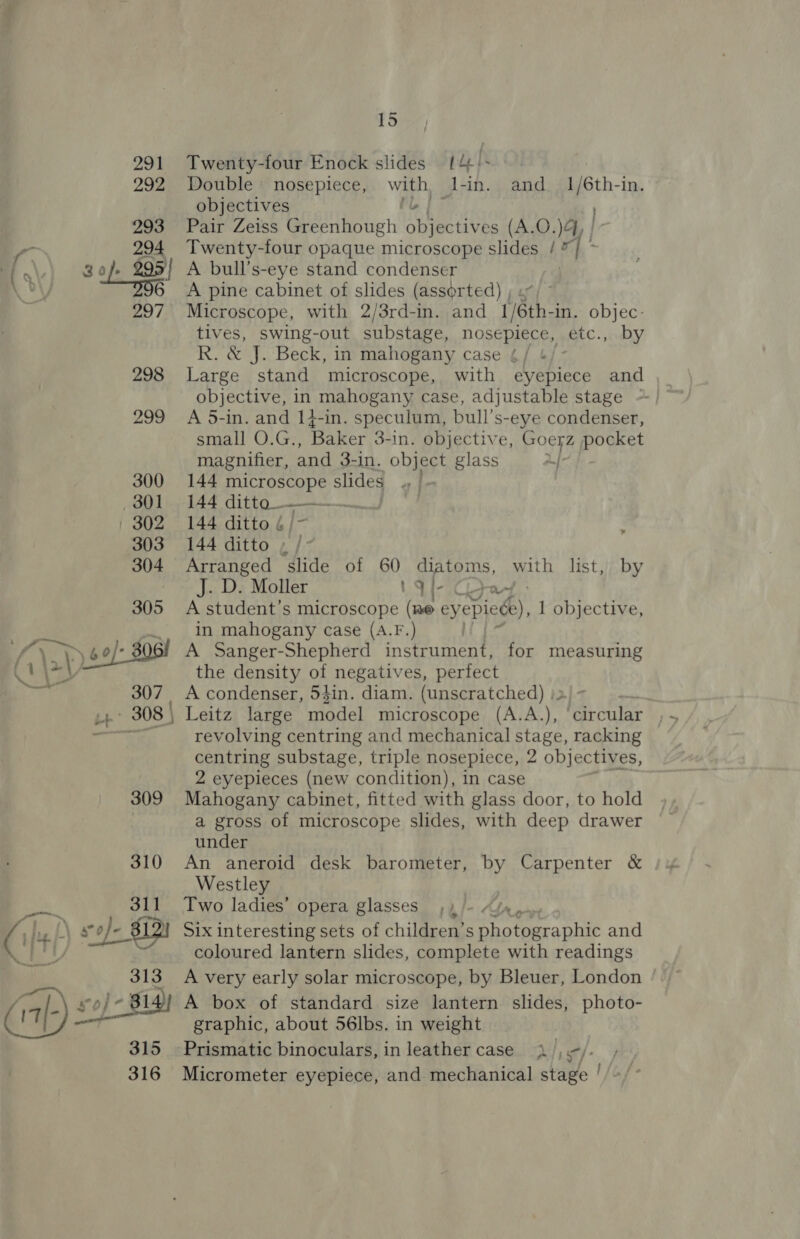  fd Twenty-four Enock slides (4/- Double nosepiece, with, J-n. and ae objectives Pair Zeiss Greenhough Cone ike (A.0.)4, | A bull’s-eye stand condenser A pine cabinet of slides (assorted) , « Microscope, with 2/3rd-in. and (thi in. objec- tives, swing-out substage, nosepiece, etc., by R. &amp; J. Beck, in mahogany case 4/ + Large stand microscope, with eyepiece and objective, in mahogany case, adjustable stage A 5-in. and 14-in. speculum, bull’s-eye condenser, small O.G., Baker 3-in. objective, Goeyz pocket magnifier, and 3- -In. object glass Lf: 144 microscope slides 144 cit a 144 ditto 4 ; 144 ditto % f Arranged slide of 60 diatoms, with list, by J. D. Moller i ber f A student’s microscope (me evepieg), 1 objective, in mahogany case (A.F.) A Sanger-Shepherd instrument, for measuring the density of negatives, perfect A condenser, 54in. diam. (unscratched) 2.) revolving centring and mechanical stage, racking centring substage, triple nosepicce, 2 objectives, 2 eyepieces (new condition), in case Mahogany cabinet, fitted with glass door, to hold a gross of microscope slides, with deep drawer under An aneroid desk barometer, Westley Two ladies’ opera glasses ,,/-. Six interesting sets of children’s Vo teee and coloured lantern slides, complete with readings A very early solar microscope, by Bleuer, London A box of standard size lantern slides, photo- graphic, about 56lbs. in weight Prismatic binoculars, in leather case), te Micrometer eyepiece, and mechanical stage ! by Carpenter &amp;
