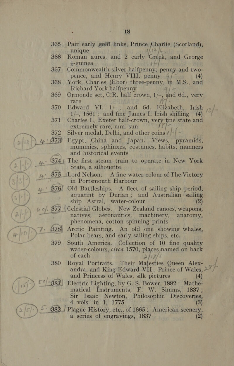 ~ \ io ky ‘ 18 365 Pair early gold links, Prince hath (Scotland), unique 1] i> 366 Seg aures, and 2 early Greek, and George +-guinea 1/7} 367 Commianwealits silver balisanieia penny and two- pence, and Henry VIII. penny BG (4) 368 York, Charles (Ebor) three-penny, in M.S., and Richard York halfpenny G | - 369 Ormonde set, C:R. half crown, ies and 6d., very rare | 370 Edward VI. 1/-; and 6d. Elizabeth, Irish ,. 1/-, 1561; and fine James I. Irish shilling (4) | 371 Charles I. , Exeter half-crown, MA 8 Pe state and extremely rare, mm. sun. 372 Silver medal, Delhi, and other waatg 373) Egypt, China and Japan. Views, ‘pyramids, mummies, sphinxes, costumes, habits, manners and historical events State, a silhouette in Portsmouth Harbour aquatint by Durian; and Australian sailing ship Astral, water- colour (2) natives, aeronautics, machinery, anatomy, phenomena, cotton spinning prints 578! Arctic Painting. An old one showing whales, Polar bears, and early sailing ships, etc. 379 South America. Collection of 10 fine quality water-colours, circa 1570, airs mamed on back of each a 380 Royal Portraits. Their Mabcahies Queen Alex- andra, and King Edward VII., Prince of Wales, + and Princess of Wales, silk pictures (4) matical Instruments, F. W. Simms, 1837 ; Sir Isaac Newton, Philosophic Discoveries, AUN GIS. ite, aeet LAO e (3)