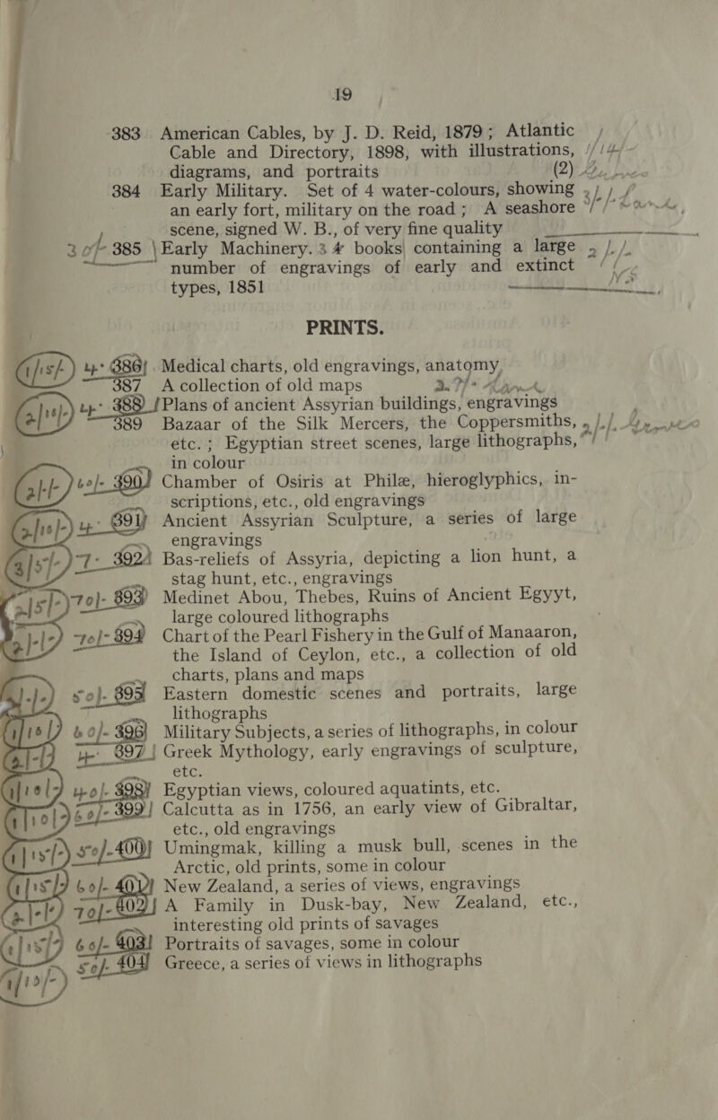 | 383. American Cables, by J. D. Reid, 1879; Atlantic Cable and Directory, 1898, with illustrations, diagrams, and portraits 384 Early Military. Set of 4 water-colours, showing an early fort, military on the road; A seashore 7 / scene, signed W. B., of very fine quality eee SS 3 0° 385 \Early Machinery. 3 4 books) containing a large . pL ~~ number of engravings of early and extinct //. types, 1851  PRINTS. Lp* 886} Medical charts, old engravings, anatomy. 387 <Acollection of old maps ae AL ban A etc.; Egyptian street scenes, large lithographs, , in colour GH iL) Chamber of Osiris at Philze, hieroglyphics, in- | .. scriptions, etc., old engravings ‘,,. 691) Ancient Assyrian Sculpture, a series of large ao engravings fs : 4 Bas-reliefs of Assyria, depicting a lion hunt, a .. stag hunt, etc., engravings 7o}- 893) Medinet Abou, Thebes, Ruins of Ancient Egyyt, large coloured lithographs tel: $94 Chart of the Pearl Fishery in the Gulf of Manaaron, the Island of Ceylon, etc., a collection of old | charts, plans and maps so}. 895 Eastern domestic scenes and portraits, large lithographs &amp; 0) $96} Military Subjects, a series of lithographs, in colour He’ _ 897 | Greek Mythology, early engravings of sculpture, etc       u-o/- 898} Egyptian views, coloured aquatints, etc. 5 o/- 399) Calcutta as in 1756, an early view of Gibraltar, etc., old engravings ¥0)-400) Umingmak, killing a musk bull, scenes in the Arctic, old prints, some in colour 6o/- 40} New Zealand, a series of views, engravings 70/-4025 A Family in Dusk-bay, New Zealand, etc., interesting old prints of savages 2f1si7 6o/- ! Portraits of savages, some in colour 4} Greece, a series of views in lithographs