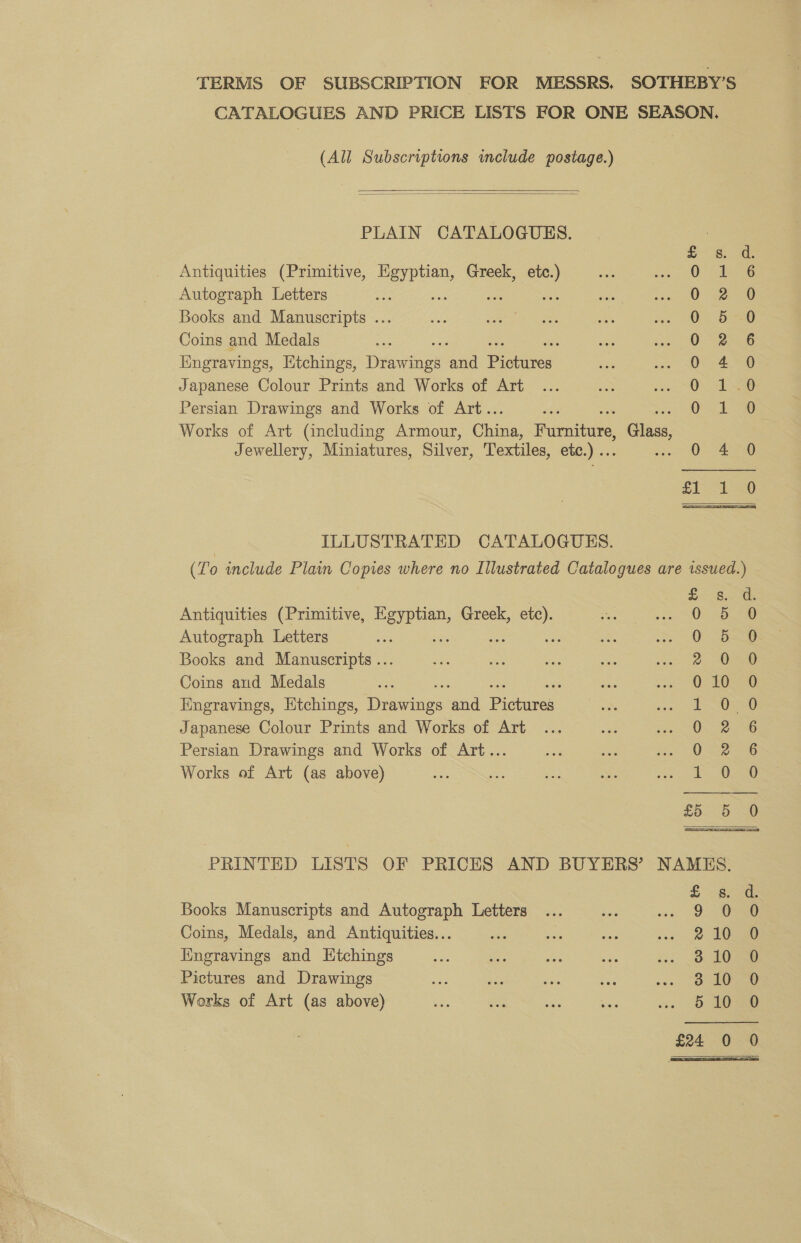TERMS OF SUBSCRIPTION FOR MESSRS. SOTHEBY’S CATALOGUES AND PRICE LISTS FOR ONE SEASON. (All Subscriptions include postage.)   PLAIN CATALOGUES. Antiquities (Primitive, Egyptian, Greek, etc.) Autograph Letters on és Books and Manuscripts ... Coins and Medals Engravings, Etchings, Drawing? oad Prone Japanese Colour Prints and Works of Art Persian Drawings and Works of Art.. Works of Art (including Armour, Chinn, Furaitae. Gina, Jewellery, Miniatures, Silver, Textiles, etc.) .. ven Oy SB Saooodoc°0 ee a oO SDOONMNC co aof ILLUSTRATED CATALOGUES. (fo wmclude Plain Copies where no Illustrated Catalogues are issued.) th an Antiquities (Primitive, ge Greek, etc). Autograph Letters ae a ome Books and Manuscripts ... Coins aud Medals _Engravings, Etchings, Drkssees sshd Pictures: Japanese Colour Prints and Works of Art Persian Drawings and Works of Art... Works of Art (as above) rMPoorowosd ye mM SA © S/S .S St crs Sar as ove jo So te Or Or oS PRINTED LISTS OF PRICES AND BUYERS’ NAMES. - ie fe Books Manuscripts and Autograph Letters ... Sas «sO Coins, Medals, and Antiquities... ae Se os SO Hngravings and Htchings ee ee he sis .. oo 10 Pictures and Drawings 3. 10250 Works of Art (as above) 5 10 0 £24 0 0