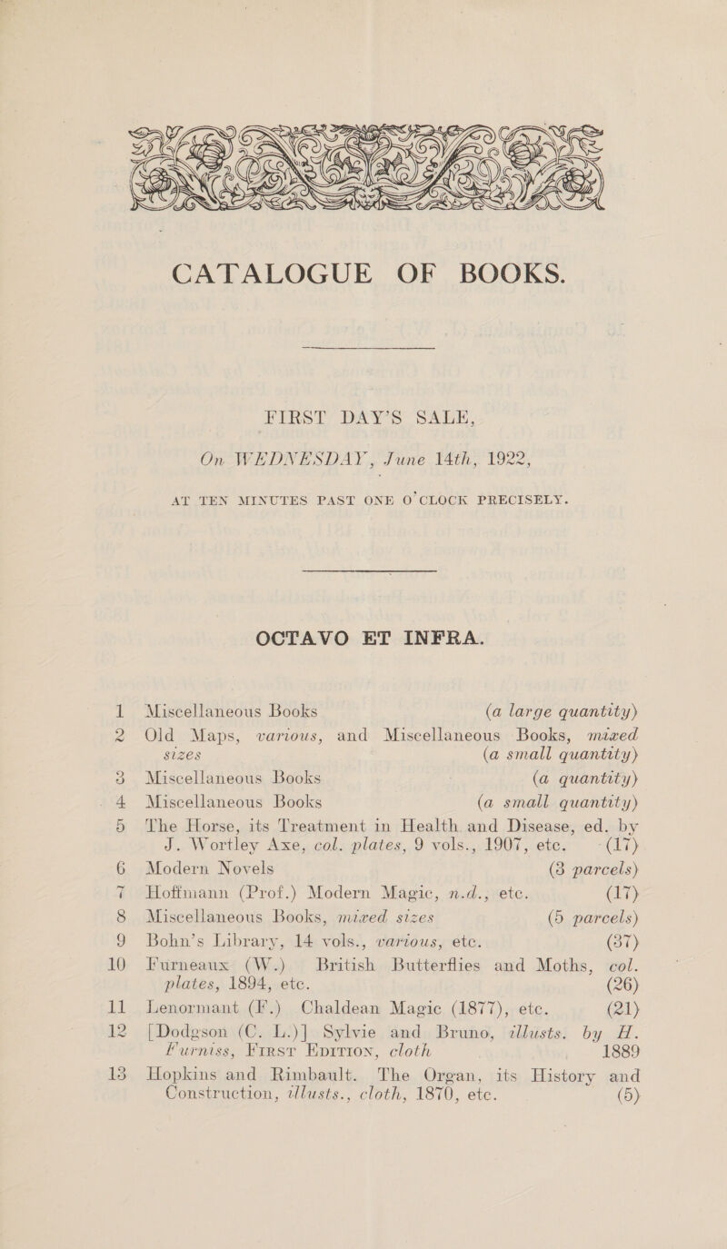  FIRST DAY’S SALE, On WEDNESDAY, June 14th, 1922, AT TEN MINUTES PAST ONE 0 CLOCK PRECISELY. OCTAVO ET INFRA. Miscellaneous Books (a large quantity) Old Maps, various, and Miscellaneous Books, mazred sizes (a small quantity) Miscellaneous Books ; (a quantity) Miscellaneous Books (a small quantity) The Horse, its Treatment in Health. and Disease, ed. by J. Wortley Axe, col. plates, 9 vols., 1907, ete. (17) Modern Novels (3 parcels) Hoffmann (Prof.) Modern Magic, n.d., etc. (17) Miscellaneous Books, mired sizes (5 parcels) Bohn’s Library, 14 vols., various, etc. (37) Furneaux (W.) British Butterflies and Moths, col. plates, 1894, ete. (26) Lenormant (I*.) Chaldean Magic (1877), etc. (21) | Dodgson (C. L.)] Sylvie and Bruno, cllusts. by G. Furniss, First Epirrion, cloth | 1889 Hopkins and Rimbault. The Organ, its History and Construction, tllusts., cloth, 1870, etc. (5)