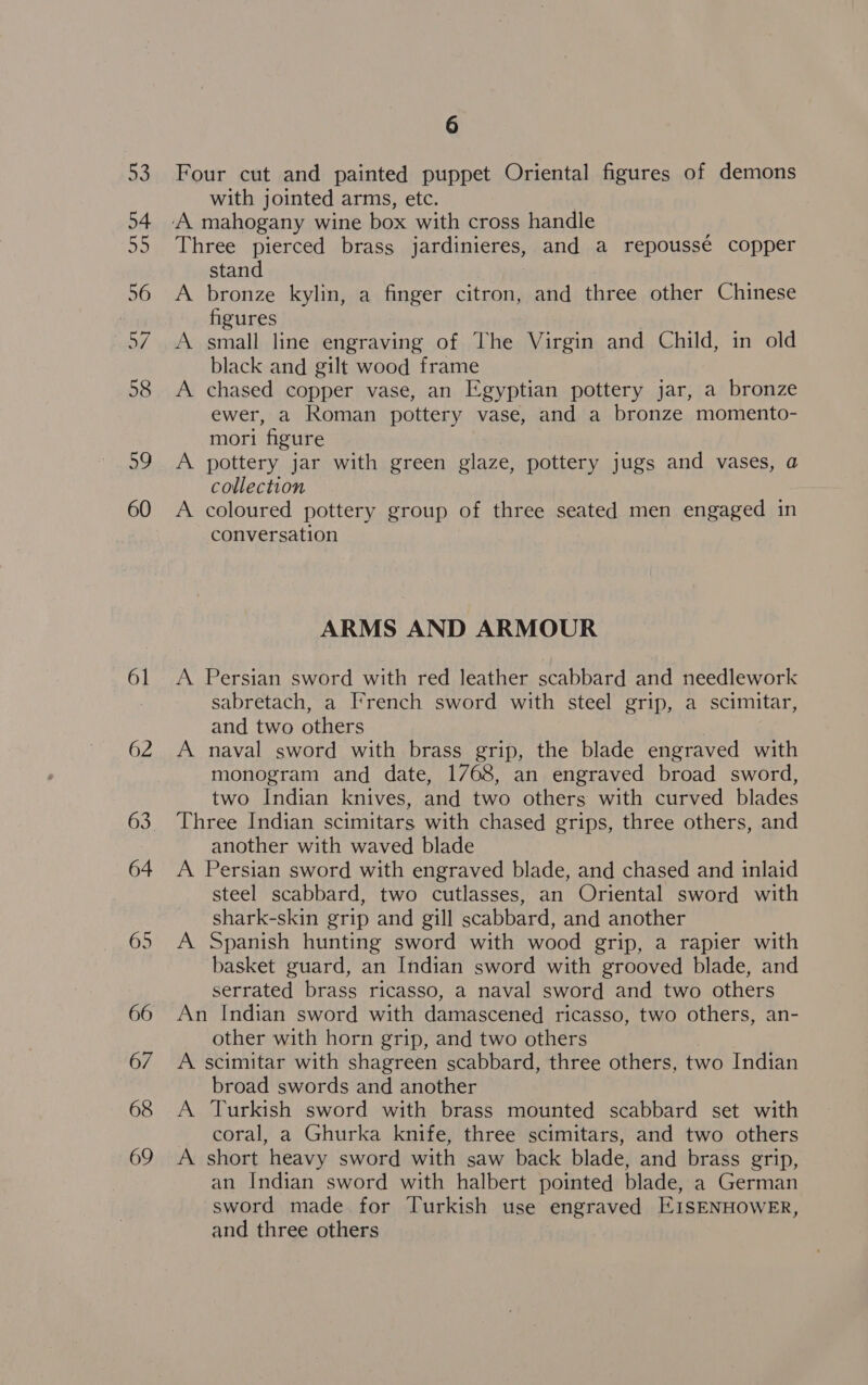 53 54 ae 56 57 58 a0 60 61 62 63 64 65 67 68 69 6 Four cut and painted puppet Oriental figures of demons with jointed arms, etc. Three pierced brass jardinieres, and a repoussé copper stand A bronze kylin, a finger citron, and three other Chinese figures A small line engraving of The Virgin and Child, in old black and gilt wood frame A chased copper vase, an Egyptian pottery jar, a bronze ewer, a Roman pottery vase, and a bronze momento- mori figure A pottery jar with green glaze, pottery jugs and vases, a collection A coloured pottery group of three seated men engaged in conversation ARMS AND ARMOUR A Persian sword with red leather scabbard and needlework sabretach, a I'rench sword with steel grip, a scimitar, and two others A naval sword with brass grip, the blade engraved with monogram and date, 1768, an engraved broad sword, two Indian knives, and two others with curved blades Three Indian scimitars with chased grips, three others, and another with waved blade A Persian sword with engraved blade, and chased and inlaid steel scabbard, two cutlasses, an Oriental sword with shark-skin grip and gill scabbard, and another A Spanish hunting sword with wood grip, a rapier with basket guard, an Indian sword with grooved blade, and serrated brass ricasso, a naval sword and two others An Indian sword with damascened ricasso, two others, an- other with horn grip, and two others A scimitar with shagreen scabbard, three others, two Indian broad swords and another A Turkish sword with brass mounted scabbard set with coral, a Ghurka knife, three scimitars, and two others A short heavy sword with saw back blade, and brass grip, an Indian sword with halbert pointed blade, a German sword made for Turkish use engraved EISENHOWER, and three others