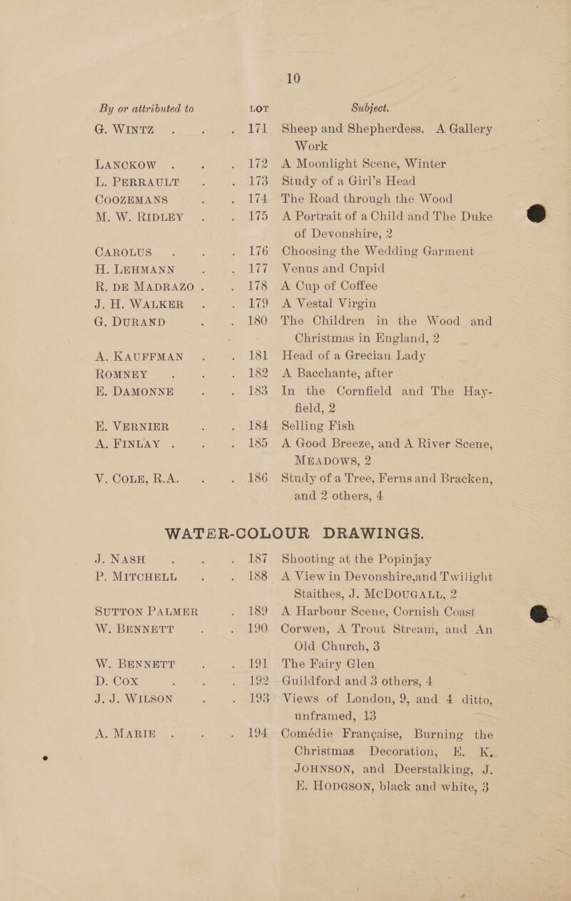 G. WINTZ LANCKOW L. PERRAULT COOZEMANS M. W. RIDLEY CAROLUS H. LEHMANN J. H. WALKER G. DURAND A. KAUFFMAN ROMNEY HK. DAMONNE E. VERNIER A. FINLAY V. COLE, R.A. 171 172 173 174 175 Lig 178 179 180 181 182 183 184 185 186 10 Sheep and Shepherdess. A Gallery Work A Moonlight Scene, Winter Study of a Girl’s Head The Road through the Wood A Portrait of a Child and The Duke of Devonshire, 2 Choosing the Wedding Garment Venus and Cupid A Cup of Coffee A Vestal Virgin The Children in the Wood and Christmas in England, 2 Head of a Grecian Lady A Bacchante, after — In the Cornfield and The Hay- field, 2 Selling Fish A Good Breeze, and A River Scene, MEADOWS, 2 Study of a Tree, Ferns and Bracken, and 2 others, 4 J. NASH P. MITCHELL SUTTON PALMER W. BENNETT W. BENNETT D. Cox J.J. WILSON A. MARIE 187 189 190 roi 192 193 194 Shooting at the Popinjay A View in Devonshire,and Twilight Staithes, J. MCDOUGALL, 2 A Harbour Scene, Cornish Coast Cerwen, A Trout Stream, and An Old Church, 3 The Fairy Glen Guildford and 3 others, 4 Views of London, 9, and 4 ditto, Comédie Frangaise, Burning the JOHNSON, and Deerstalking, J. HK, HODGSON, black and white, a