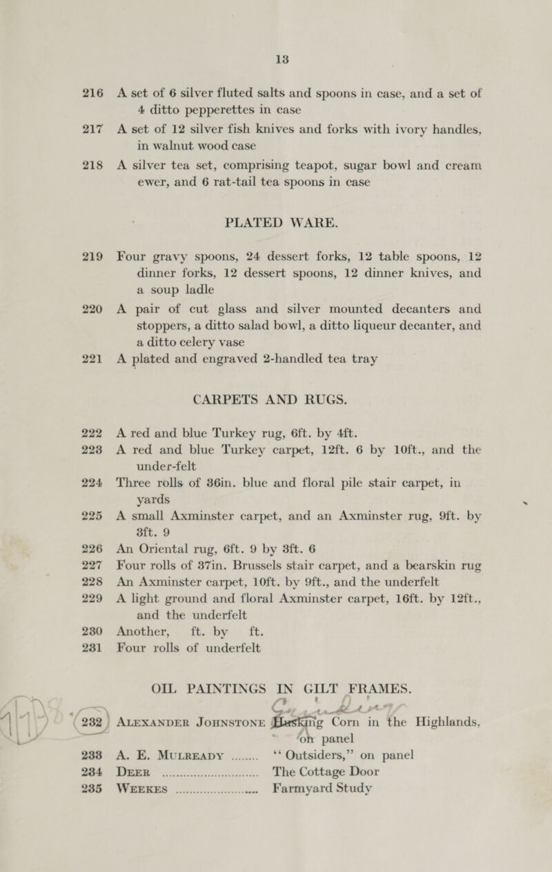 216 217 218 219 220 221 222 223 224 225 226 227 228 229 230 231 233 234 13 A set of 6 silver fluted salts and spoons in case, and a set of 4 ditto pepperettes in case A set of 12 silver fish knives and forks with ivory handles, in walnut wood case A silver tea set, comprising teapot, sugar bowl and cream ewer, and 6 rat-tail tea spoons in case PLATED WARE. Four gravy spoons, 24 dessert forks, 12 table spoons, 12 dinner forks, 12 dessert spoons, 12 dinner knives, and a soup ladle A pair of cut glass and silver mounted decanters and stoppers, a ditto salad bowl, a ditto liqueur decanter, and a ditto celery vase A plated and engraved 2-handled tea tray CARPETS AND RUGS. A red and blue Turkey rug, 6ft. by 4ft. A red and blue Turkey carpet, 12ft. 6 by 10ft., and the under-felt Three rolls of 36in. blue and floral pile stair carpet, in yards A small Axminster carpet, and an Axminster rug, 9ft. by 3ft. 9 An Oriental rug, 6ft. 9 by 3ft. 6 Four rolls of 37in. Brussels stair carpet, and a bearskin rug An Axminster carpet, 10ft. by 9ft., and the underfelt A light ground and floral Axminster carpet, 16ft. by 12ft., and the underfelt Aeother, . ft.-by.. it. Four rolls of underfelt OIL PAINTINGS IN GILT FRAMES. fy cy é ’ 4A rahea APO ALEXANDER JOHNSTONE | ate Corn in the Highlands, ‘on panel A. E. MULREaDy ........ ‘* Outsiders,” on panel SRNR ones fs eS The Cottage Door