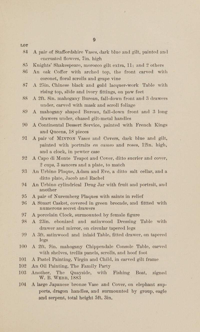 A pair of Staffordshire Vases, dark blue and gilt, ae and encrusted flowers, Tin. high Knights’ Shakespeare, morocco gilt extra, 11; and 2 others An oak Coffer with arched top, the front carved with coronet, floral scrolls and grape vine A 25in. Chinese black and gold lacquer-work Table with rising top, slide and ivory fittings, on paw feet A 2ft. 8in. mahogany Bureau, fall-down front and 3 drawers under, carved with mask and scroll foliage A mahogany shaped Bureau, fall-down front and 3 long drawers under, chased gilt-metal handles A Continental Dessert Service, painted with French Kings and Queens, 18 pieces A pair 'of MINTON Vases and Covers, dark blue and gilt, painted with portraits en cameo and roses, 12in. high, and a clock, in pewter case A Capo di Monte Teapot and Cover, ditto sucrier and cover, 2 cups, 3 saucers and a plate, to match An Urbino Plaque, Adam and Eve, a ditto salt cellar, and a ditto plate, Jacob and Rachel An Urbino cylindrical Drug Jar with fruit and portrait, and another A pair of Nuremberg Plaques with saints in relief A Stuart Casket, covered in green brocade, and fittted with numerous secret drawers A porcelain Clock, surmounted by female figure A 2din. ebonized and satinwood Dressing Table with drawer and mirror, on circular tapered legs A 3ft. satinwood and inlaid Table, fitted drawer, on tapered legs A 2ft. 9in. mahogany Chippendale Console Table, carved with shelves, trellis panels, scrolls, and hoof foot A Pastel Painting, Virgin and Child, in carved gilt frame An Oil Painting, The Family Party Another, The Quayside, with Fishing Boat, signed W. B. WEBB, 1883 } A large Japanese bronze Vase and Cover, on elephant sup- ports, dragon handles, and surmounted by group, eagle and serpent, total height ft, din,