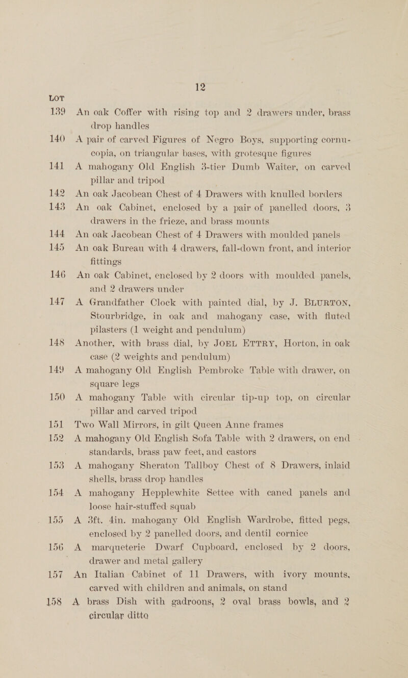 re An oak Coffer with rising top and 2 drawers under, brass drop handles A pair of carved Figures of Negro Boys, supporting cornu- copia, on triangular bases, with grotesque figures A mahogany Old English 3-tier Dumb Waiter, on carved pillar and tripod An oak Jacobean Chest of 4 Drawers with knulled borders An oak Cabinet, enclosed by a pair of panelled doors, 3 drawers in the frieze, and brass mounts An oak Jacobean Chest of 4 Drawers with moulded panels An oak Bureau with 4 drawers, fall-down front, and interior fittings An oak Cabinet, enclosed by 2 doors with moulded panels, and 2 drawers under A Grandfather Clock with painted dial, by J. BLURTON, Stourbridge, in oak and mahogany case, with fluted pilasters (1 weight and pendulum) Another, with brass dial, by JoEL ETTRy, Horton, in oak case (2 weights and pendulum) A mahogany Old English Pembroke Table with drawer, on Square legs A mahogany Table with circular tip-up top, on circular pillar and carved tripod Two Wall Mirrors, in gilt Queen Anne frames A mahogany Old English Sofa Table with 2 drawers, on end standards, brass paw feet, and castors A mahogany Sheraton Tallboy Chest of 8 Drawers, inlaid shells, brass drop handles A mahogany Hepplewhite Settee with caned panels and loose hair-stuffed: squab A 3ft. 4in. mahogany Old English Wardrobe, fitted pegs, enclosed by 2 panelled doors, and dentil cornice A marqueterie Dwarf Cupboard, enclosed by 2 doors, drawer and metal gallery An Italian Cabinet of 11 Drawers, with ivory mounts, carved with children and animals, on stand A brass Dish with gadroons, 2 oval brass bowls, and 2 circular ditto