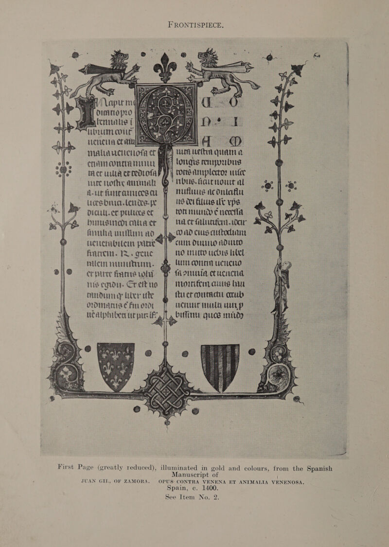                yum wetting quam a       Mala wciletlofa CHAIN CONTA BA ongis rnyvubus mer uta ereedtofaF) J tors anrplectoz wuer | Lure tothe autimal @ Mbus.tidicnourral — go Hoge A-uttunramueea © nufliuus acontafiu : Lesbmiadiendse ff usc fis ult vps didil.ecrpulcsee ft tonmundycneeila   44 buusnoimuace T uacrfaluntim.oar 4k eal fra mit Ad gil O00 clus auttodiare * ticle bulein pane] cen Otto Adu fantin. i. gene | tO muito udis hil nlc nimutinn. Re linen ucneno er piney finns whi % fAonmiactucncna His cyldu- Ereitno | itofemauusbur mudunuy lierite 2 trermumditoamb OLOMANIS C fin 0201 CMU Np ucaiphibea ucpic Fe y biffinu gucsimitty           First Page (greatly reduced), illuminated in gold and colours, from the Spanish Manuscript ‘of JUAN GIL, OF ZAMORA. OPUS CONTRA VENENA ET ANIMALIA VENENOSA. Spain, c. 1400.