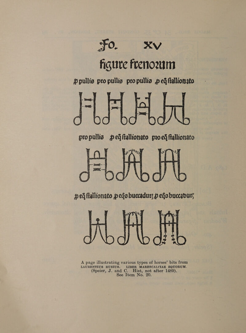 JO. ey figure Freno2um  A page illustrating various types of horses’ bits from LAURENTIUS RUSIUS. LIBER MARESCALCIAE EQUORUM. (Speier, J. and C. Hist, not after 1489).