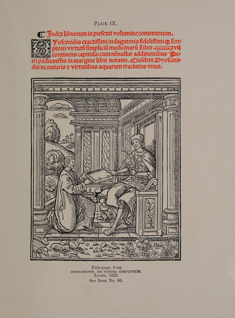 PLATE OLN. C Bndet libro2m in prefenti voluminecontentozum. 1 Y ofcoridis exactiffimi indagatoris fideliffimi qs fcriz KK ol ptoris virtuta fimplicii medicinarh Ziber.ccgceccrvy &lt;4 continens capitula:cumnonullis additionibus ype- tripaduanéfis inmargine libzi notatis. &lt;iufdem soyofcoris dis oenaturis 2 virtutibus aquarum tractatus vnus.  om ett 4 iL. AUST (TACHA KS eee ent Dep baaav ash OReTE NITE 17 174 t, OF P2, reareay srs LIES, LAR ll LLM A XQ Sri Reg Sooo wy WS La ME ‘Ss 4 BN 3 &lt;= SEEN iar a ; =e. ES, S S eh RY my NST S549 Gvikee  AN AID eta EL OLS a Mee Sb ty 4 LLY A Io it MPP ta ATE  LOE, esi lhl SEE, oe = htt 8 Sor orp ?~ Aton Whe Ze cmt 4 wquil sii ss Yogi OOD ‘ a ppg a pa AS 6S , we R Yop, pepe eS 3 Rea Wye AN SN Sage eam BERN ‘s 5 jane ees , eu \ ee aie Ui / | Oo [= , ND: ; Wiha Hera HS Ges VY, ON: \) KSA WN f Rn &lt; WSS . NS &lt;&gt;. ~ CS eB S\ c&gt; ABS | i \\s ae  Title-page from DIOSCORIDES, DE NATURA SIMPLICIUM. Lyons, 1512.