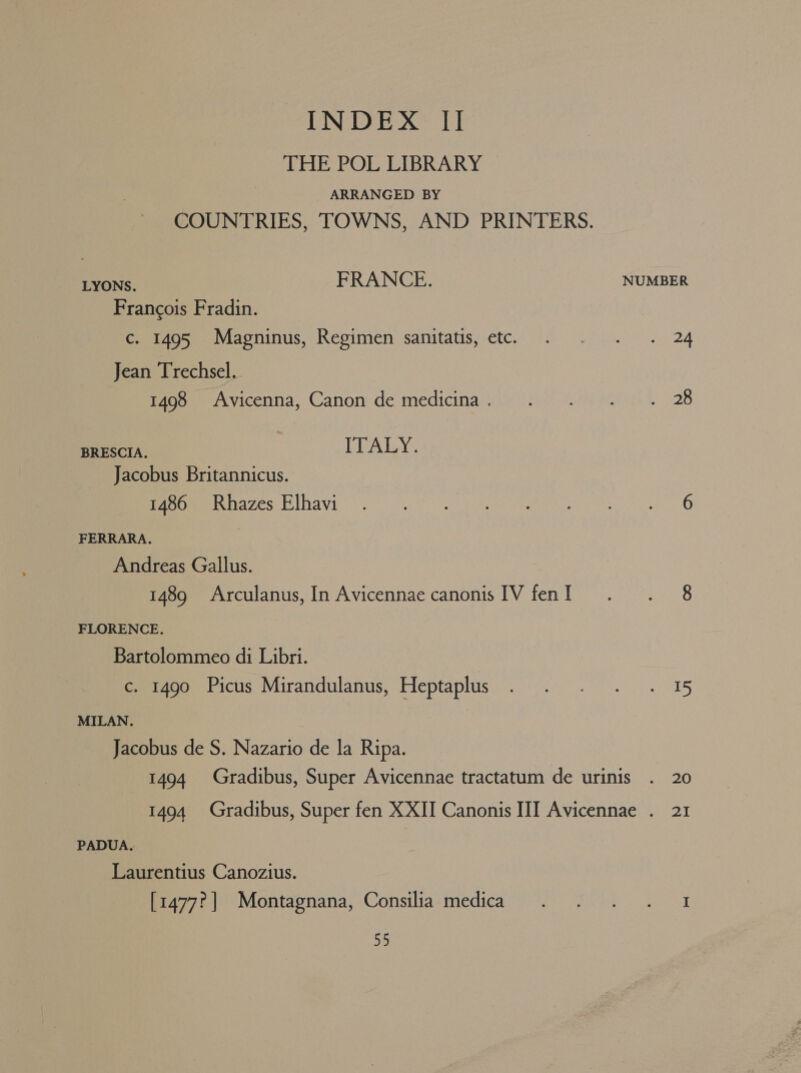 THE POL LIBRARY ARRANGED BY COUNTRIES, TOWNS, AND PRINTERS. Francois Fradin. c. 1495 Magninus, Regimen sanitatis, etc. Jean Trechsel. 1498 Avicenna, Canon de medicina . BRESCIA. ITALY. Jacobus Britannicus. 1486 Rhazes Elhavi FERRARA. Andreas Gallus. 1489 Arculanus, In Avicennae canonis IV fen I FLORENCE. Bartolommeo di Libri. c. 1490 Picus Mirandulanus, Heptaplus MILAN. Jacobus de S. Nazario de la Ripa. 1494 Gradibus, Super Avicennae tractatum de urinis PADUA. Laurentius Canozius. [1477?] Montagnana, Consilia medica S