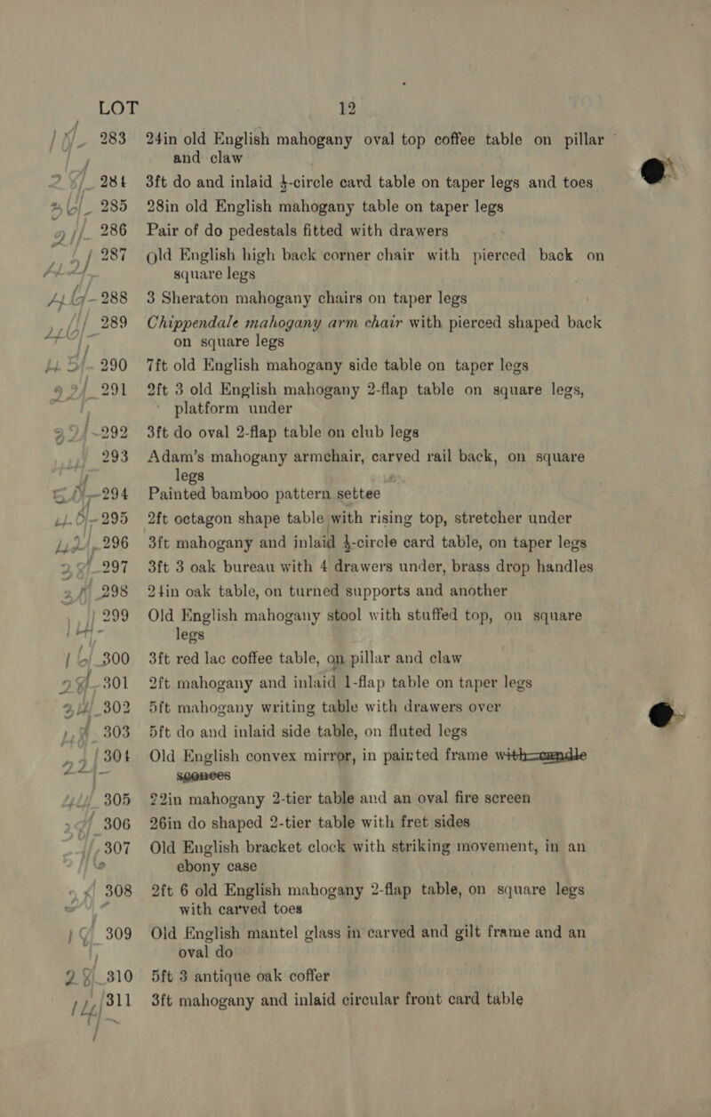 24in old English mahogany oval top coffee table on pillar ~ and claw 3ft do and inlaid $-circle card table on taper legs and toes 28in old English mahogany table on taper legs Pair of do pedestals fitted with drawers old English high back corner chair with pierced back on square legs 3 Sheraton mahogany chairs on taper legs Chippendale mahogany arm chair with pierced shaped back on square legs 7ft old English mahogany side table on taper legs 2ft 3 old English mahogany 2-flap table on square legs, platform under 3ft do oval 2-flap table on club legs Adam’s mahogany armchair, carved rail back, on square legs ‘ Painted bamboo pattern settee 2ft octagon shape table with rising top, stretcher under 3ft mahogany and inlaid }-circle card table, on taper legs 3ft 3 oak bureau with 4 drawers under, brass drop handles 24in oak table, on turned supports and another Old English mahogany stool with stuffed top, on square legs 3ft red lac coffee table, on pillar and claw 2ft mahogany and ink aid 1- -flap table on taper legs 5ft mahogany writing table with drawers over 5ft do and inlaid side table, on fluted legs Old English convex mirror, in painted frame withocandle sgenees ?2in mahogany 2-tier table and an oval fire screen 26in do shaped 2-tier table with fret sides Old English bracket clock with striking movement, in an ebony case 2ft 6 old English mahogany 2-flap table, on square legs with carved toes Old English mantel glass in carved and gilt frame and an oval do 5ft 3 antique oak coffer 3ft mahogany and inlaid circular front card table 