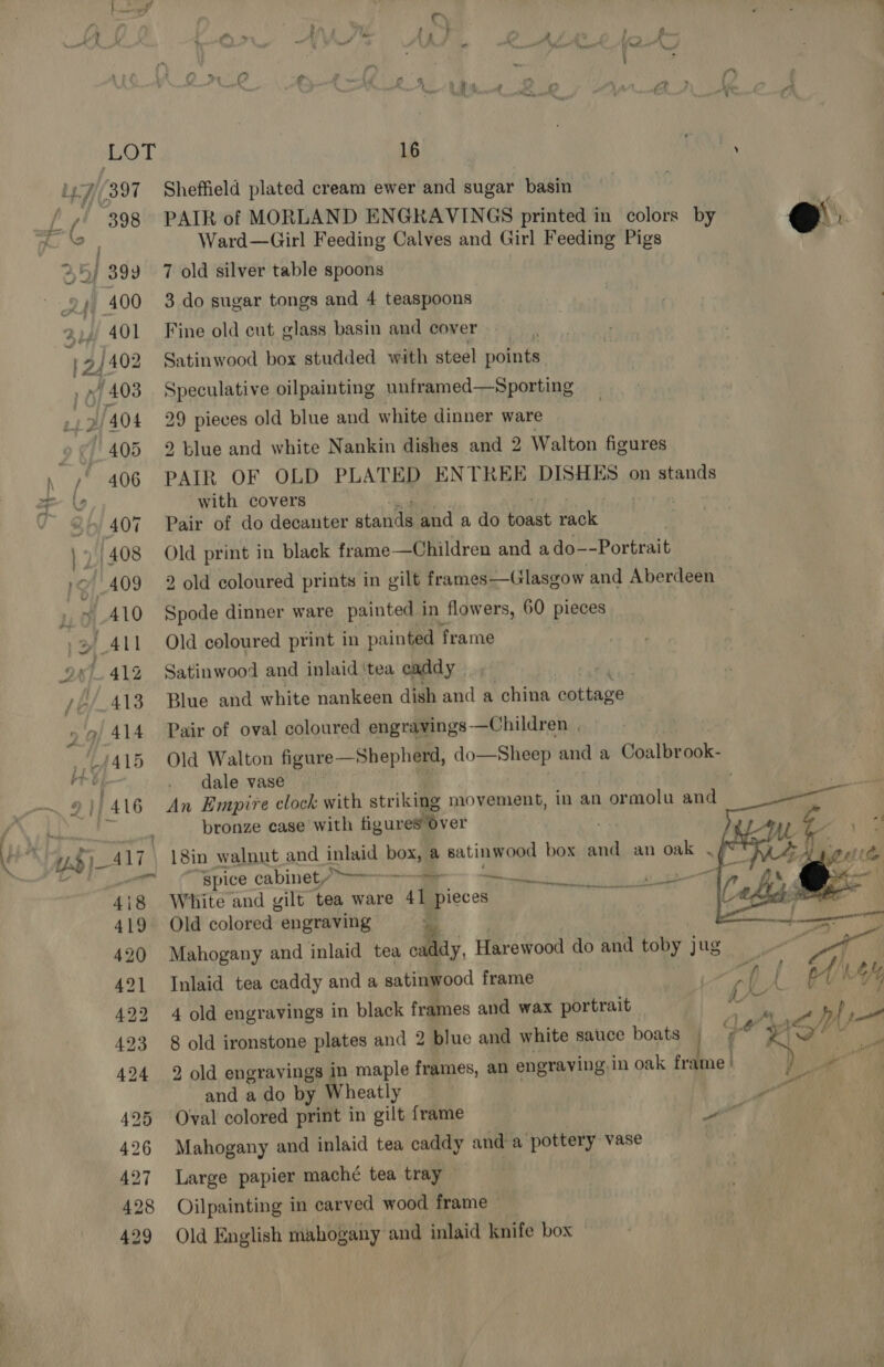 LOT bp 4)(397 398 ¥, (? ¢ Ps phy ( a4 iA y 16 ACA Sheffield plated cream ewer and sugar basin PAIR of MORLAND ENGRAVINGS printed in colors by r . Ward—Girl Feeding Calves and Girl Feeding Pigs 7 old silver table spoons 3 do sugar tongs and 4 teaspoons Fine old cut glass basin and cover Satinwood box studded with steel points Speculative oilpainting unframed—Sporting 29 pieces old blue and white dinner ware 2 blue and white Nankin dishes and 2 Walton figures PAIR OF OLD PLATED ENTREE DISHES on stands with covers Pair of do decanter atana and a do vA rack Old print in black frame —Children and a do--Portrait 2 old coloured prints in gilt frames—Clasgow and Aberdeen Spode dinner ware painted 1 in flowers, 60 pieces Old coloured print in painted frame Satinwood and inlaid ‘tea caddy Blue and white nankeen dish and a china cottage Pair of oval coloured engravings—Children | Old Walton figure Shepherd, do—Sheep and a rade 3 dale vase An Empire clock with striking movement, in an or molu and bronze case with figures over  18in walnut and ibid box, a satinwood box and an oak , “Bpice cabinet?” “= Shae Fae ee White and gilt tea ware 41 pieces Old colored’ engraving 4 Mahogany and inlaid tea caddy, Harewood do and toby jug ; Inlaid tea caddy and a satinwood frame A - ) f ah H 4 4 old engravings in black frames and wax portrait A 8 old ironstone plates and 2 blue and white sauce boats / { ar % ia 2 old engravings in maple frames, an engraving. in oak frame | » * aes and a do by Wheatly poe Oval colored print in gilt frame \ aie Mahogany and inlaid tea caddy and a pottery vase Large papier maché tea tray Oilpainting in carved wood frame Old English mahogany and inlaid knife box