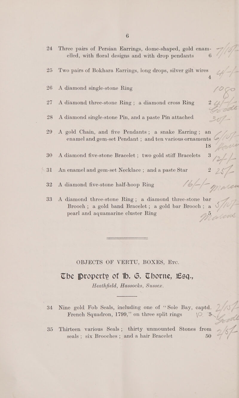 é 24 Three pairs of Persian Earrings, dome-shaped, gold enam- ~~” elled, with floral designs and with drop pendants 6 25 ‘Two pairs of Bokhara Earrings, long drops, silver gilt wires 4 26 A diamond single-stone Ring f 27 &lt;A diamond three-stone Ring ; a diamond cross Ring 2 &amp;/ 28 A diamond single-stone Pin, and a paste Pin attached 29 &lt;A gold Chain, and five Pendants; a snake Harring; an we enamel and gem-set Pendant ; and ten various ornaments &amp; | 18 30 A diamond five-stone Bracelet ; two gold stiff Bracelets 3 : bo 31 An enamel and gem-set Necklace ; and a paste Star 32 A diamond five-stone half-hoop Ring / ©/—/— oe 33 A diamond three-stone Ring; a diamond three-stone bar ae Brooch ; a gold band Bracelet ; a gold bar Brooch; a U/ ~ pearl and aquamarine cluster Ring 5 OBJECTS OF VERTU, BOXKES, Etc. The Property of bh. G. Thorne, Lsq., Heathfield, Hassocks, Sussex. 34 Nine gold Fob Seals, ge one of “Sole Bay, captd. | French Squadron, 1799,” on three split rings 10 Bn; 35 Thirteen various Seals; thirty unmounted Stones from seals ; six Brooches ; and a hair Bracelet 50