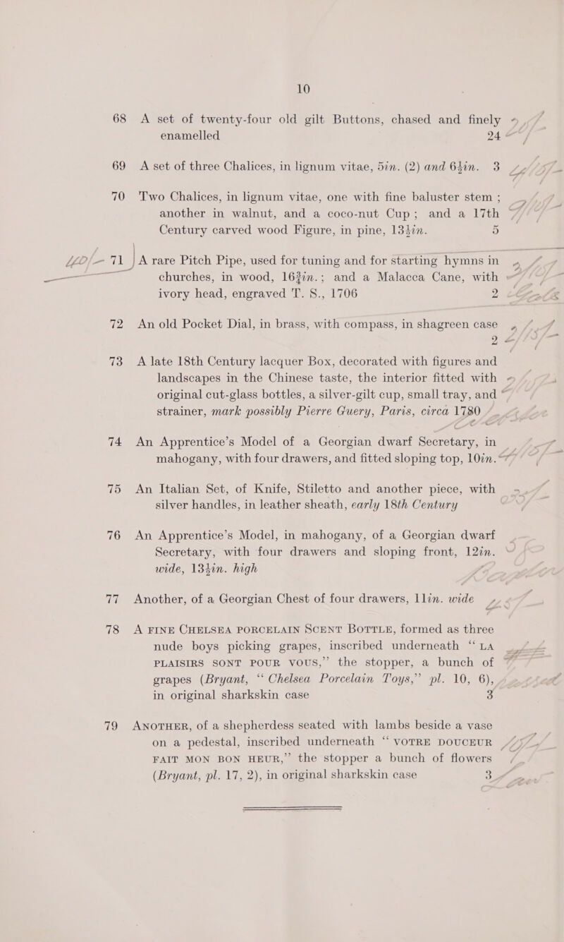 68 69 70 72 73 74 75 76 en, 78 19 10 enamelled Two Chalices, in lignum vitae, one with fine baluster stem ; ~ Century carved wood Figure, in pine, 1340n. 5 3 ivory head, engraved T. S., 1706 2 An old Pocket Dial, in brass, with compass, in shagreen case 2 A late 18th Century lacquer Box, decorated with figures and landscapes in the Chinese taste, the interior fitted with strainer, mark possibly Pierre Guery, Paris, circa 1780 - uj An Apprentice’s Model of a Georgian dwarf Secretary, in An Italian Set, of Knife, Stiletto and another piece, with silver handles, in leather sheath, early 18th Century An Apprentice’s Model, in mahogany, of a Georgian dwarf Secretary, with four drawers and sloping front, 12in. wide, 134in. high ’ Another, of a Georgian Chest of four drawers, llin. wide / oe A FINE CHELSEA PORCELAIN SCENT Bort ie, formed as three nude boys picking grapes, inscribed underneath “ LA PLAISIRS SONT POUR VOUS,” the stopper, a bunch of grapes (Bryant, “ Chelsea Porcelain Toys,” pl. 10, 6), in original sharkskin case 3 ANOTHER, of a shepherdess seated with lambs beside a vase th FAIT MON BON HEUR,” the stopper a bunch of flowers (Bryant, pl. 17, 2), in original sharkskin case 3 te
