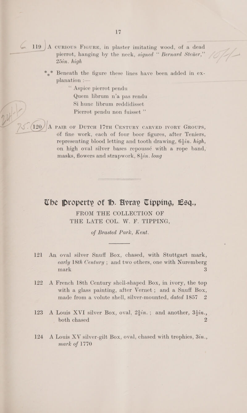 fe. 119 )A CURIOUS FIGURE, in plaster imitating wood, of a dead pierrot, hanging by the neck, signed “ Bernard Stetier,”’ 257n. high -_ *.* Beneath the tigure these lines have been added in ex- planation :— ‘ Aspice pierrot pendu Quem librum n’a pas rendu 6h Si hune librum reddidisset (| J Pierrot pendu non fuisset ”’ / os 120/ ‘A parr oF DutcH 17TH CENTURY CARVED IVORY GROUPS, — of fine work, each of four boor figures, after Teniers, representing blood letting and tooth drawing, 64in. high, on high oval silver bases repoussé with a rope band, masks, flowers and strapwork, 847n. long   The Property of hb. Hvray Tipping, Lsq., FROM THE COLLECTION OF THE LATE COL. W. F. TIPPING, of Brasted Park, Kent. 121 An oval silver Snuff Box, chased, with Stuttgart mark, early 18th Century ; and two others, one with Nuremberg mark 2 122 A French 18th Century shell-shaped Box, in ivory, the top with a glass painting, after Vernet; and a Snuff Box, made from a volute shell, silver-mounted, dated 1857 2 123 A Louis XVI silver Box, oval, 23im.; and another, 34zn., both chased 2 124 A Louis XV silver-gilt Box, oval, chased with trophies, 30n., mark of 1770
