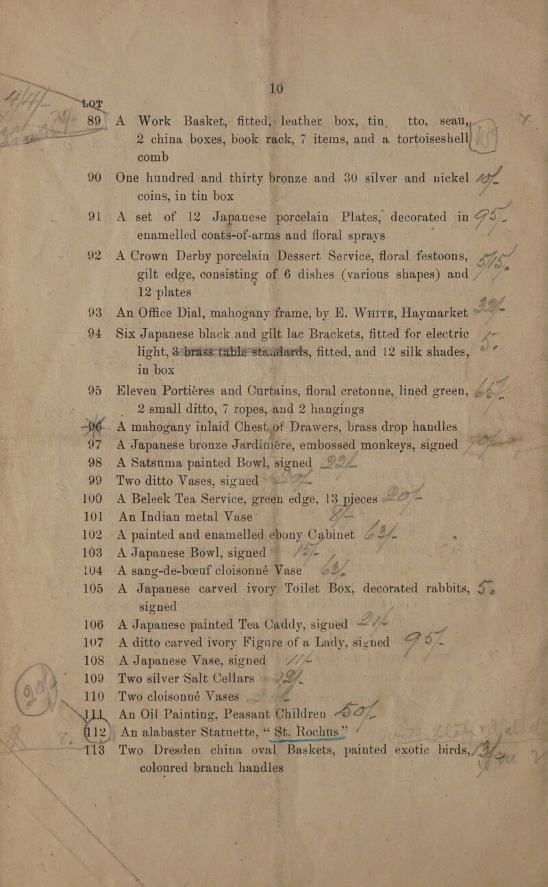 92 10 A Work Basket, fitted, leather -box, tin, _ tto, ‘seat, : 2 china boxes, book rack, 7 items, and a tortoiseshell) | comb 7 _ coins, in tin box enamelled coats-of-arms and floral sprays gilt edge, consisting of 6 dishes (various shapes) and , ‘12 plates An Office Dial, mahogany frame, by E. Wurre, Hay market ° Six Japanese black and gilt lac Brackets, fitted for electric. Cz light, 8brass-table® itn yam fitted, and 12 silk shades, ries in box 2 small ditto, 7 ropes, and 2 hangings | A mahogany inlaid Chest.of Drawers, brass drop handles A Japanese bronze Jardimére, embossed monkeys, signed ~~~ {P) A Satsuma painted Bowl, Fad Bt Two ditto Vases, signed “= 7 me A Beleek Tea Service, green edge, 13 _p ay aah tf An Indian metal Vase’ Ai  A painted and enamelled pony Cabinet CU, ‘ A Japanese Bowl, signed” /4/- ea A sang-de-beeuf cloisonné Vase Ot, signed i A Japanese painted Tea Caddy, sigued — &lt;A A ditto carved ivory Figure of a Lady, signed PST A Japanese Vase, signed (“ ‘ Two silver Salt Cellars » AY. Two cloisonné Vases .. » ¢ An Oil Painting, Peasant Children AO, coloured branch handles -