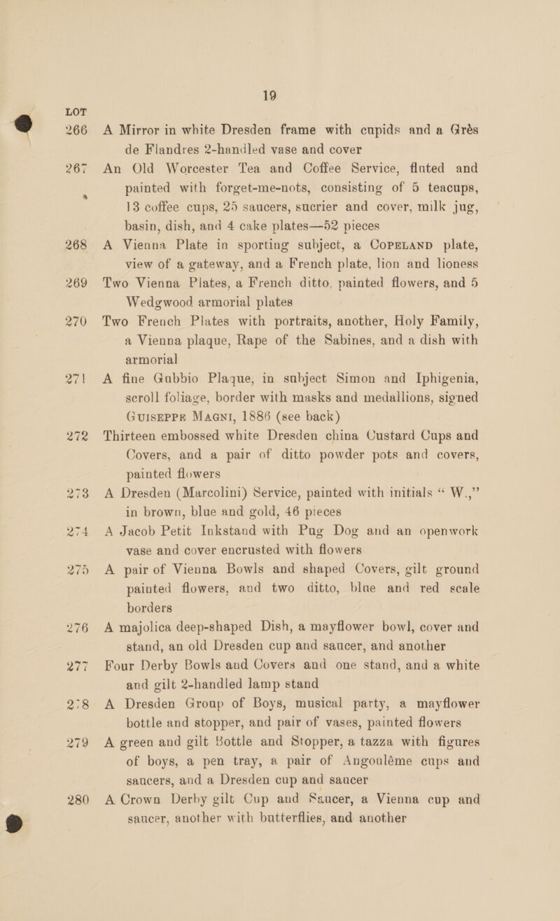 280 A Mirror in white Dresden frame with cupids and a Grés de Flandres 2-handled vase and cover An Old Worcester Tea and Coffee Service, flnted and painted with forget-me-nots, consisting of 5 teacups, 13 coffee cups, 25 saucers, sucrier and cover, milk jug, basin, dish, and 4 cake plates—52 pieces A Vienna Plate in sporting subject, a CopreLanp plate, view of a gateway, and a French plate, lion and lioness Two Vienna Plates, a French ditto, painted flowers, and 5 Wedgewood armorial plates Two French Plates with portraits, another, Holy Family, a Vienna plaque, Rape of the Sabines, and a dish with armorial A fine Gubbio Plaque, in subject Simon and Iphigenia, scroll foliage, border with masks and medallions, signed GuISEPPE Maen, 1886 (see back) Thirteen embossed white Dresden china Custard Cups and Covers, and a pair of ditto powder pots and covers, painted flowers A Dresden (Marcolini) Service, painted with initials “ W.,” in brown, blue and gold, 46 pieces A Jacob Petit Inkstand with Pug Dog and an openwork vase and cover encrusted with flowers A pair of Vienna Bowls and shaped Covers, gilt ground painted flowers, and two ditto, blae and red scale borders A majolica deep-shaped Dish, a mayflower bowl, cover and stand, an old Dresden cup and saucer, and another Four Derby Bowls and Covers and one stand, and a white and gilt 2-handled lamp stand A Dresden Group of Boys, musical party, a mayflower bottle and stopper, and pair of vases, painted flowers A green and gilt Bottle and Stopper, a tazza with figures of boys, a pen tray, a pair of Angouléme cups and saucers, and a Dresden cup and saucer A Crown Derby gilt Cup and Saucer, a Vienna cup and saucer, another with butterflies, and another