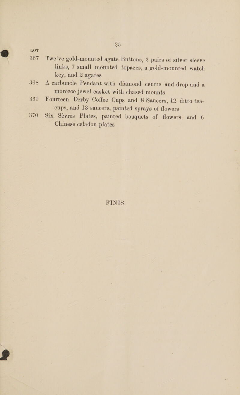 LOT 367 ‘Twelve gold-mounted agate Buttons, 2 pairs of silver sleeve links, 7 small mounted topazes, a gold-mounted watch key, and 2 agates 368 &lt;A carbuncle Pendant with diamond centre and drop and a morocco jewel casket with chased mounts 369 Fourteen Derby Coffee Cups and 8 Saucers, 12 ditto tea- cups, and 13 saucers, painted sprays of flowers 370 Six Sevres Plates, painted bouquets of flowers, and 6 Chinese celadon plates FINIS.