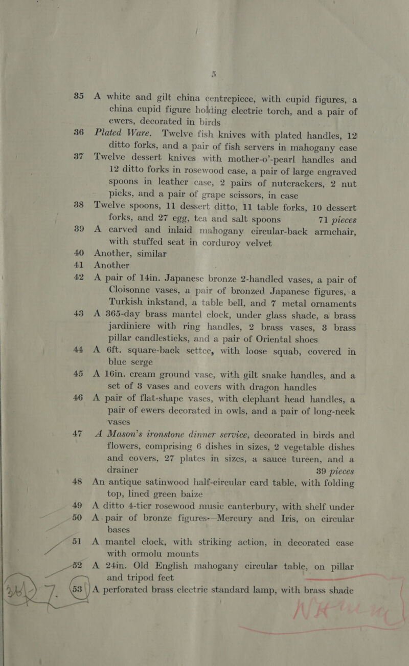 ai | 35 A white and gilt china centrepiece, with cupid figures, a china cupid figure holding electric torch, and a pair of ewers, decorated in birds 36 Plated Ware. Twelve fish knives with plated handles, 12 ditto forks, and a pair of fish servers in mahogany case 37 Twelve dessert knives with mother-o’-pearl handles and 12 ditto forks in rosewood case, a pair of large engraved spoons in leather case, 2 pairs of nutcrackers, 2 nut picks, and a pair of grape scissors, in case 38 Twelve spoons, 11 dessert ditto, 11 table forks, 10 dessert forks, and 27 egg, tea and salt spoons 71 preces 39 A carved and inlaid mahogany circular-back armchair, with stuffed seat in corduroy velvet 40 Another, similar 41 Another : 42 A pair of 14in. Japanese bronze 2-handled vases, a pair of Cloisonne vases, a pair of bronzed Japanese figures, a Turkish inkstand, a table bell, and 7 metal ornaments 43 A 365-day brass mantel clock, under glass shade, a brass jardiniere with ring handles, 2 brass vases, 3 brass pillar candlesticks, and a pair of Oriental shoes 44 &lt;A 6ft. square-back settee, with loose squab, covered in blue serge 45 A 16in. cream ground vase, with gilt snake handles, and a set of 3 vases and covers with dragon handles 46 &lt;A pair of flat-shape vases, with elephant head handles, a pair of ewers decorated in owls, and a pair of long-neck vases 47 A Mason’s ironstone dinner service, decorated in birds and flowers, comprising 6 dishes in sizes, 2 vegetable dishes and covers, 27 plates in sizes, a sauce tureen, and a drainer 39 pieces 48 An antique satinwood half-circular card table, with folding top, lined green baize 49 A ditto 4-tier rosewood music canterbury, with shelf under 50 A-pair of bronze figures-—Mercury and Iris, on circular bases ~ 51 A mantel clock, with striking action, in decorated case og with ormolu mounts A 24in. Old English mahogany circular table, on pillar and tripod feet aceon A perforated brass electric standard lamp, with brass shade  }