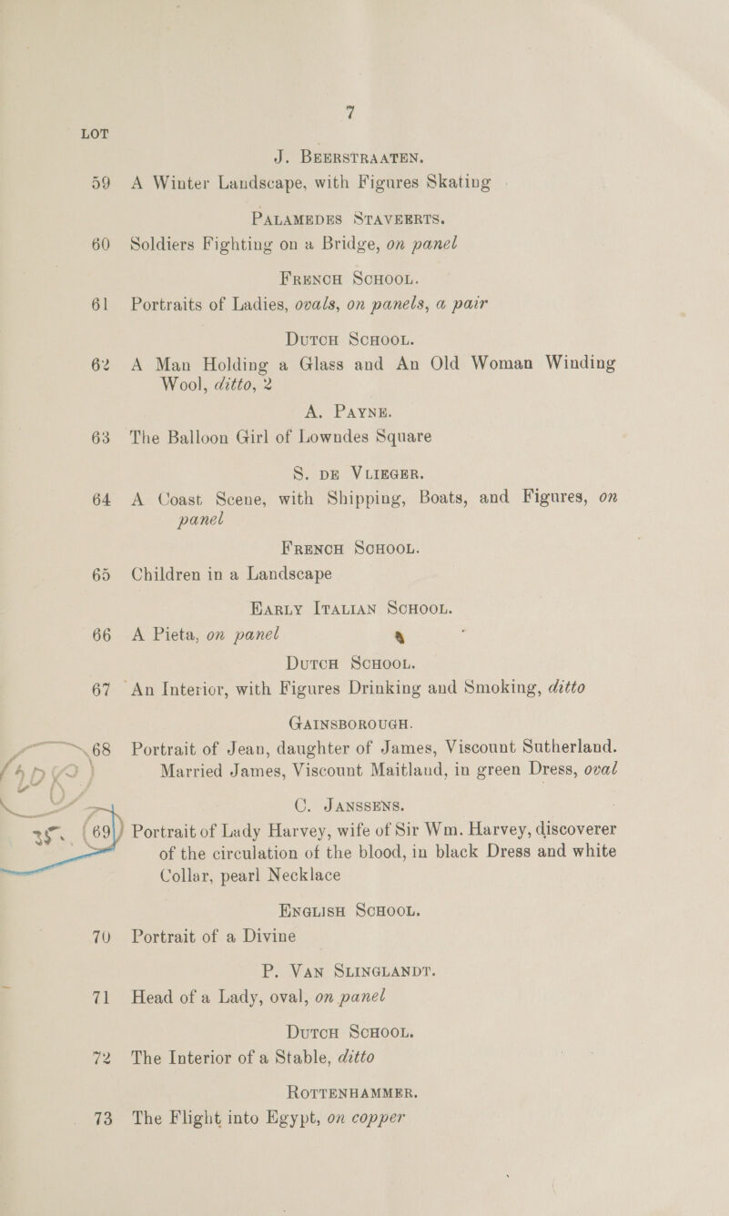 (' LOT J. BEERSTRAATEN. 59 A Winter Landscape, with Figures Skating . PALAMEDES STAVEERTS. 60 Soldiers Fighting on a Bridge, on panel Frencu Scuoon. 61 Portraits of Ladies, ovals, on panels, a pair DutcH SCHOOL. 62 A Man Holding a Glass and An Old Woman Winding Wool, ditto, 2 A. PAYNE. 63 The Balloon Girl of Lowndes Square S. DE VLIEGER. 64 A Coast Scene, with Shipping, Boats, and Figures, on panel FRENCH SCHOOL. 65 Children in a Landscape Bary ITALIAN SCHOOL. 66 A Pieta, on panel % DutcH ScHOOL. 67 An Interior, with Figures Drinking and Smoking, ditto GAINSBOROUGH. 68 Portrait of Jean, daughter of James, Viscount Sutherland. LADY) Married James, Viscount Maitland, in green Dress, ova C. JANSSENS. : ) Portrait of Lady Harvey, wife of Sir Wm. Harvey, discoverer of the circulation of the blood, in black Dress and white Collar, pearl Necklace  ENGLISH SCHOOL. 70 Portrait of a Divine P. VAN SLINGLANDT. 71 Head of a Lady, oval, on panel DutcH ScHOOL. 72 The Interior of a Stable, ditto RorrENHAMMER. 73 The Flight into Egypt, on copper