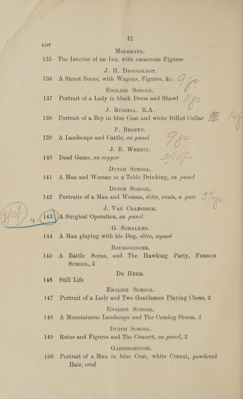 LOT MoLENnAER. 135 The Interior of an Inn, with numerous Figures J. H. Droogstoor. mi 136 A Street Scene, with Wagons, Figures, &amp;c. Cy ENGLISH SCHOOL. | | ”, 137 Portrait of a Lady in black Dress and Shawl // J. RuUssELL, R.A. . pipe P. Beceyn. J. B. Waentx. 140 Dead Game, on copper DutcH ScHOOL. DutcH ScHoo.. 142 Portraits of a Man and Woman, ditto, ovals, a pair aN J. VAN CRAESBECK. \)A Surgical Operation, on panel  G. SCHALKEN. 144 <A Man playing with his Dog, ditto, signed BouRGOGNONE. 145 <A Battle Scene, and The Hawking Party, Frenca ScHOOL, 2 Dre HEEm. 146 Still Life ENeLIsH SCHOOL. 147 Portrait of a Lady and Two Gentlemen Playing Chess, 2 HINGLISH SCHOOL. 148 A Mountainons Landscape and The Coming Storm, 2 DutcH ScHOOL. 149 Ruins and Figures and The Concert, on panel, 2 GAINSBOROUGH. 150 Portrait of a Man in blue Coat, white Cravat, powdered Hair, oval 5 ire Oy : >