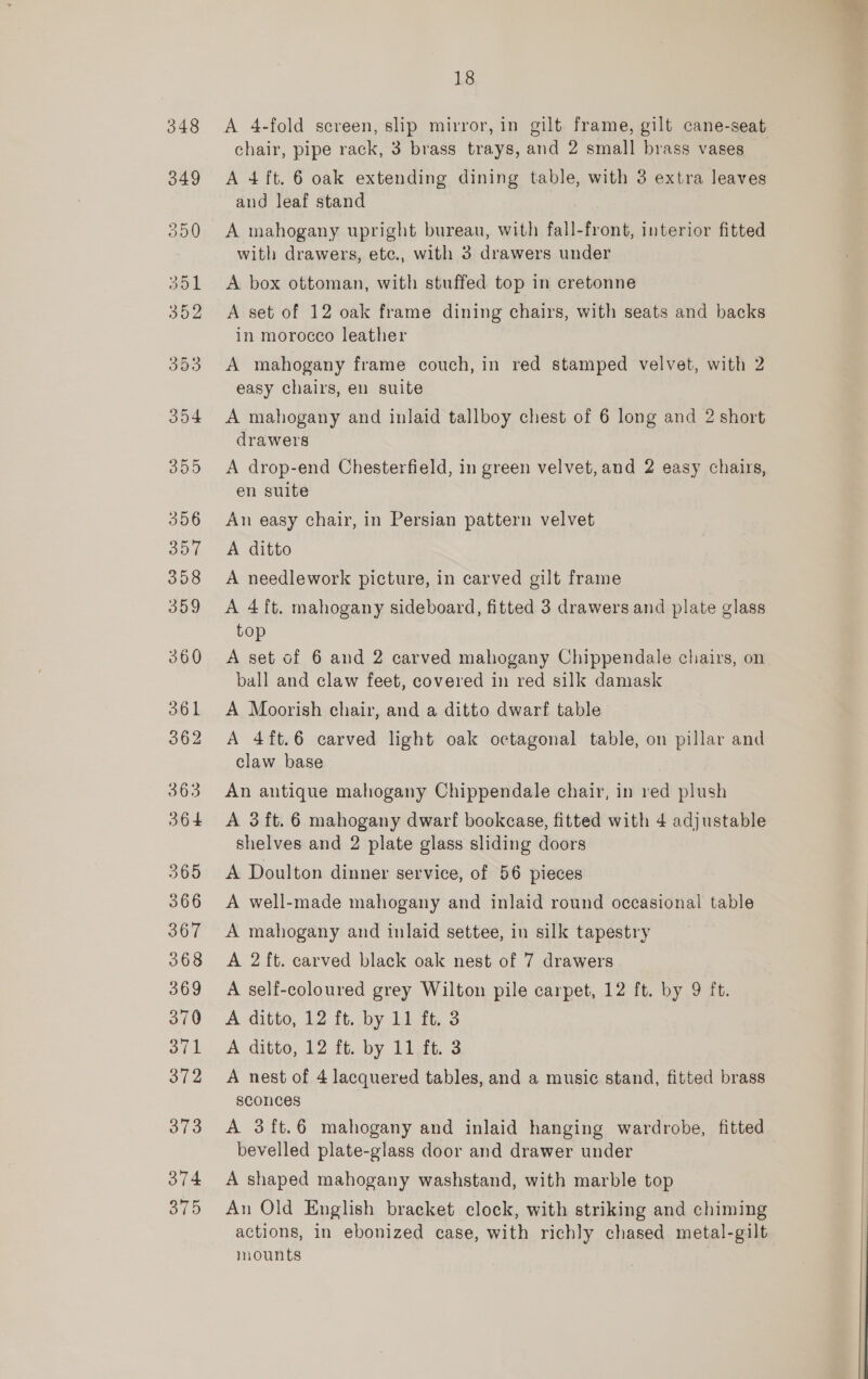 A 4-fold screen, slip mirror, in gilt frame, gilt cane-seat chair, pipe rack, 3 brass trays, and 2 small brass vases A 4 ft. 6 oak extending dining table, with 3 extra leaves and leaf stand A mahogany upright bureau, with fall-front, interior fitted with drawers, etc., with 3 drawers under A box ottoman, with stuffed top in cretonne A set of 12 oak frame dining chairs, with seats and backs in morocco leather A mahogany frame couch, in red stamped velvet, with 2 easy chairs, en suite A mahogany and inlaid tallboy chest of 6 long and 2 short drawers A drop-end Chesterfield, in green velvet, and 2 easy chairs, en suite An easy chair, in Persian pattern velvet A ditto A needlework picture, in carved gilt frame A 4 ft. mahogany sideboard, fitted 3 drawers and plate glass top A set of 6 and 2 carved mahogany Chippendale chairs, on ball and claw feet, covered in red silk damask A Moorish chair, and a ditto dwarf table A 4ft.6 carved light oak octagonal table, on pillar and claw base An antique mahogany Chippendale chair, in red plush A 3ft. 6 mahogany dwarf bookcase, fitted with 4 adjustable shelves and 2 plate glass sliding doors A Doulton dinner service, of 56 pieces A well-made mahogany and inlaid round occasional table A mahogany and inlaid settee, in silk tapestry A 2 ft. carved black oak nest of 7 drawers A self-coloured grey Wilton pile carpet, 12 ft. by 9 ft. A ditto, 12 ft. by 11 ft. 3 A ditto, 12 ft. by 11 ft. 3 A nest of 4 lacquered tables, and a music stand, fitted brass sconces A 3ft.6 mahogany and inlaid hanging wardrobe, fitted bevelled plate-glass door and drawer under A shaped mahogany washstand, with marble top An Old English bracket clock, with striking and chiming actions, in ebonized case, with richly chased metal-gilt mounts