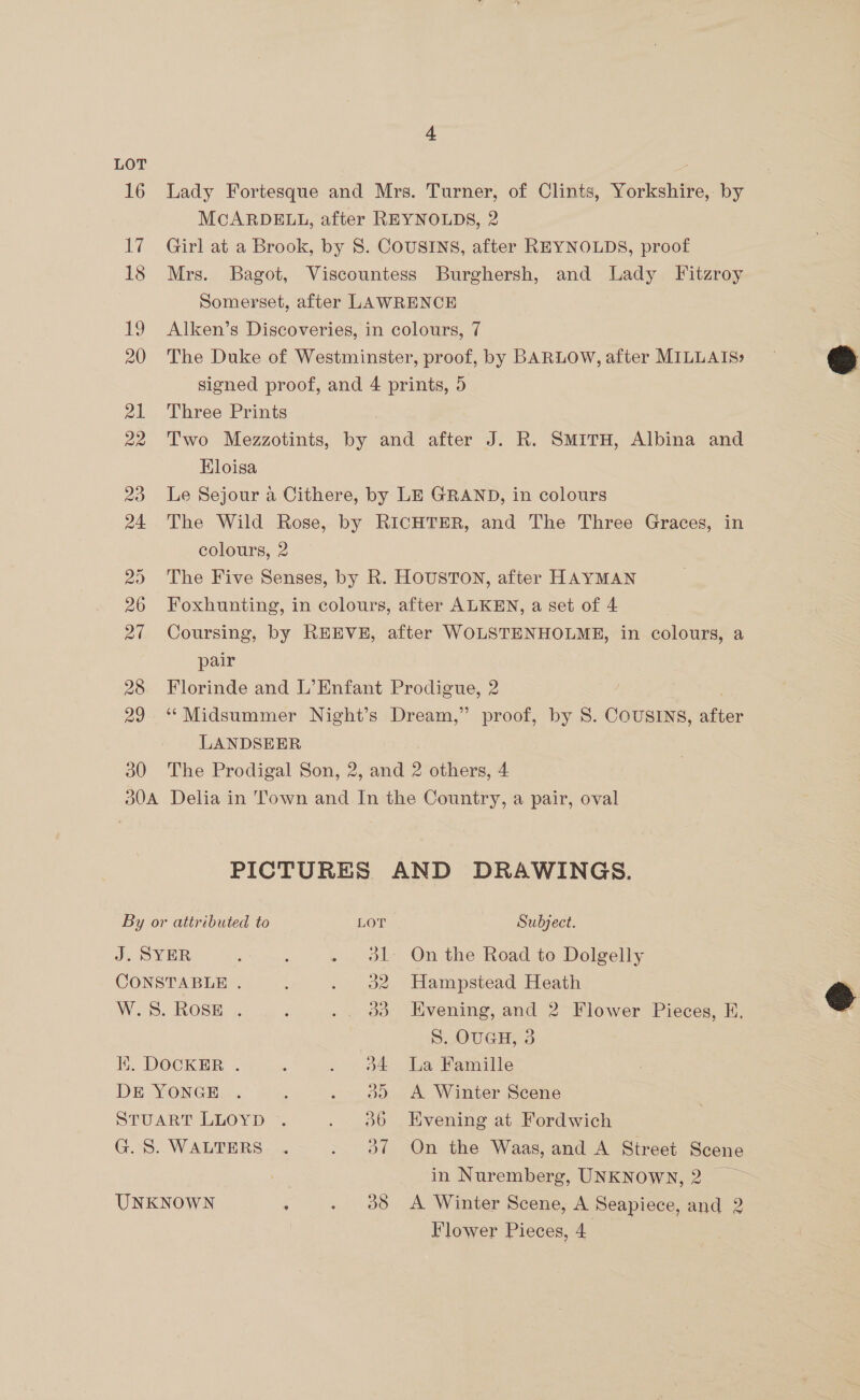 LOT 30 4 Lady Fortesque and Mrs. Turner, of Clints, Yorkshire, by McARDELL, after REYNOLDS, 2 Girl at a Brook, by 8. COUSINS, after REYNOLDS, proof Mrs. Bagot, Viscountess Burghersh, and Lady Fitzroy Somerset, after LAWRENCE Alken’s Discoveries, in colours, 7 The Duke of Westminster, proof, by BARLOW, after MILLAIS: signed proof, and 4 prints, 5 Three Prints Two Mezzotints, by and after J. R. SMITH, Albina and Eloisa Le Sejour a Cithere, by LE GRAND, in colours The Wild Rose, by RICHTER, and The Three Graces, in colours, 2 The Five Senses, by R. HOUSTON, after HAYMAN Foxhunting, in colours, after ALKEN, a set of 4 Coursing, by REEVE, after WOLSTENHOLME, in colours, a pair Florinde and L’Enfant Prodigue, 2 | ‘‘Midsummer Night’s Dream,” proof, by S. COUSINS, after LANDSEER The Prodigal Son, 2, and 2 others, 4 PICTURES AND DRAWINGS. By or attributed to LOL Subject. J. SYER : : . 3l On the Road to Dolgelly CONSTABLE . . 32 Hampstead Heath W.S. RosE . ‘ .. 83 Evening, and 2 Flower Pieces, EH, S. OUGH, 3 Ii. DOCKER . : . 04 La Famille DE YONGE . : . oo A Winter Scene STUART LLOYD .. . 06 Evening at Fordwich GS. W ALTERS - .. . of On the Waas, and A Street Scene in Nuremberg, UNKNOWN, 2 Flower Pieces, 4  