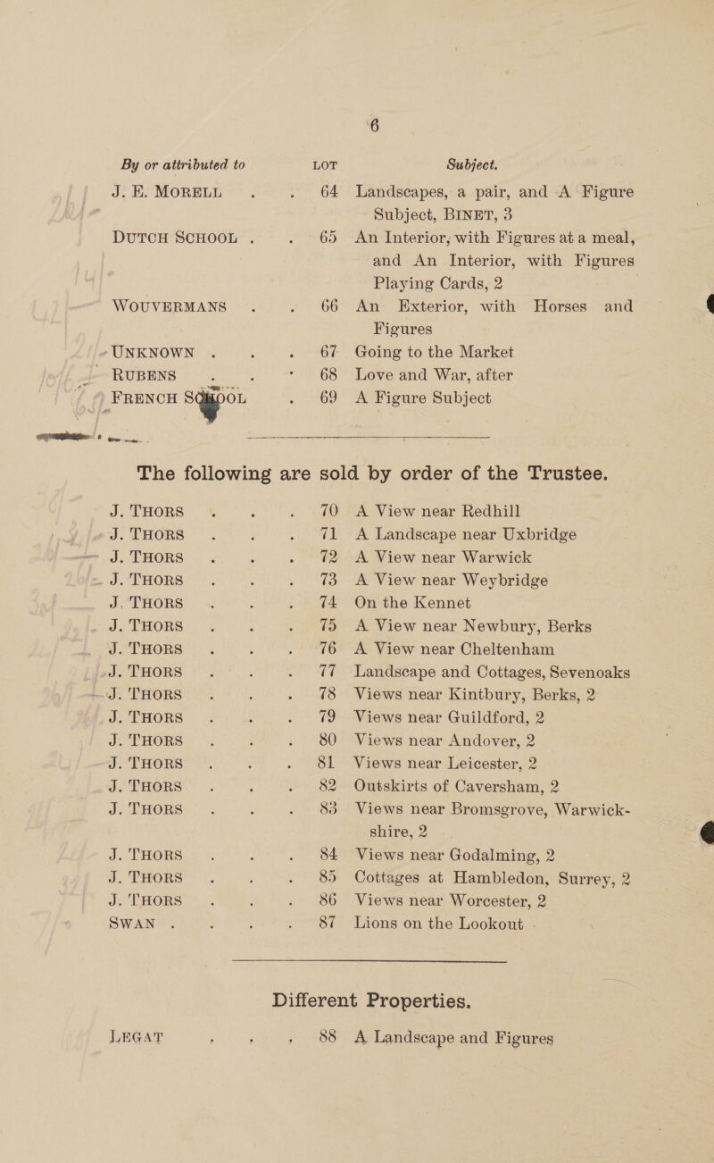 By or attributed to LOT Subject. J.E.MorELL . . 64 Landscapes, a pair, and A Figure Subject, BINET, 3 DUTCH SCHOOL . . 65 An Interior; with Figures at a meal, | and An Interior, with Figures Playing Cards, 2 WOUVERMANS . . . 66° An: Exterior, with’ Horses: and” — é Figures «UNKNOWN . ; . 67 Going to the Market - RUBENS 2 ; * 68 Love and War, after FRENCH i. aos . 69 A Figure Subject The following are sold by order of the Trustee.  J, THORS .\ ; . 70 A View near Redhill J. THORS . ; . ‘¢1 A Landscape near Uxbridge = J. PHORS « ; . ¢2 A View near Warwick - J. THORS . . 73 A View near Weybridge J.THORS | 4. : . ¢4 On the Kennet moe THORS! cs : . ¢5) A View near Newbury, Berks ceed aT ORS! oo. : . %6 A View near Cheltenham ps ORS: + : . 7 Landscape and Cottages, Sevenoaks mJ: THORS —. : . %8 Views near Kintbury, Berks, 2 J. THORS. ‘ . 79 Views near Guildford, 2 Je PHORSs i . 80 Views near Andover, 2 J.THORS ©. 4 . $81 Views near Leicester, 2 J. THORS. . : . $82 Outskirts of Caversham, 2 J. DHORSe | . . 83 Views near Bromsgrove, Warwick- shire, 2 J. THORS, 2 4: : . 84 Views near Godalming, 2 J. THORS’ «.. ’ . 85 Cottages at Hambledon, Surrey, 2 J PHORS . 86 Views near Worcester, 2 SWAN . : . 87 Lions on the Lookout . Different Properties.