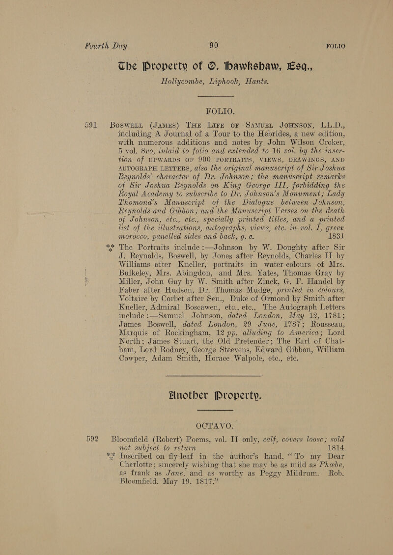 The Property of ©. hawkshaw, Esq., Hollycombe, Liphook, Hants. FOLIO. including A Journal of a Tour to the Hebrides, a new edition, with numerous additions and notes by John Wilson Croker, 5 vol. 8vo, inlaid to folio and extended to 16 vol. by the inser- tion of UPWARDS OF 900 PORTRAITS, VIEWS, DRAWINGS, AND AUTOGRAPH LETTERS, also the original manuscript of Sur Joshua Reynolds’ character of Dr. Johnson; the manuscript remarks of Sir Joshua Reynolds on King George II1, forbidding the Royal Academy to subscribe to Dr. Johnson's Monument ; Lady Thomond’s Manuscript of the Dialogue between Johnson, Reynolds and Gibbon; and the Manuscript Verses on the death of Johnson, etc., etc., specially printed titles, and a printed list of the wlustrations, autographs, views, etc. in vol. L, greer morocco, panelled sides and back, gq. @. 1831 The Portraits include :—Johnson by W. Doughty after Sir J. Reynolds, Boswell, by Jones after Reynolds, Charles II by Williams after Kneller, portraits in water-colours of Mrs. Bulkeley, Mrs. Abingdon, and Mrs. Yates, Thomas Gray by Miller, John Gay by W. Smith after Zinck, G. F. Handel by Faber after Hudson, Dr. Thomas Mudge, printed in colours, Voltaire by Corbet after Sen., Duke of Ormond by Smith after Kneller, Admiral Boscawen, etc., etc., The Autograph Letters include :—Samuel Johnson, dated London, May 12, 1781; James Boswell, dated London, 29 June, 1787; Rousseau, Marquis of Rockingham, 12 pp. alluding to America; Lord North; James Stuart, the Old Pretender; The Karl of Chat- ham, Lord Rodney, George Steevens, Edward Gibbon, Wiliam Cowper, Adam Smith, Horace Walpole, etc., ete.    Hnotber Property. OCTAVO. — not subject to return 1814 Charlotte; sincerely wishing that she may be as mild as Phebe, as frank as Jane, and as worthy as Peggy Mildrum. Rob. Bloomfield. May 19. 1817.”