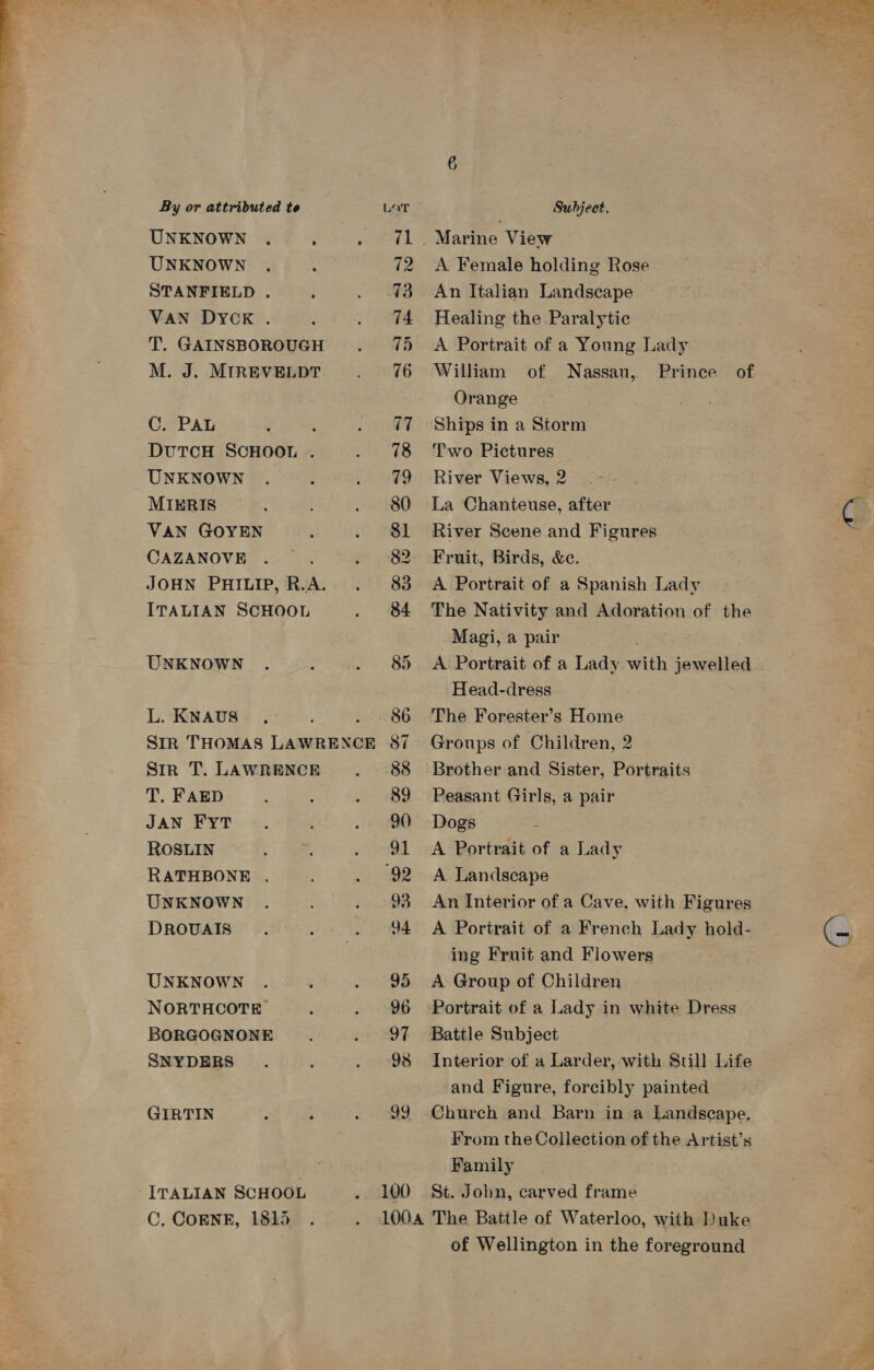  By or attributed te UNKNOWN . : UNKNOWN STANFIELD . VAN DYCK . T. GAINSBOROUGH M. J. MIREVELDT C. PAL : DUTCH SCHOOL . UNKNOWN . MIERIS VAN GOYEN CAZANOVE ITALIAN SCHOOL UNKNOWN L. KNAUS Sir T. LAWRENCE T. FAED JAN FyT ROSLIN RATHBONE . UNKNOWN DROUVAIS UNKNOWN NORTHCOTE BORGOGNONE SNYDERS GIRTIN ITALIAN SCHOOL C, COENE, 1815 _ 7 rst} Sn TOG eae kee ae eer 6 LOT Subject. 71. Marine View 72 A Female holding Rose 73 An Italian Landscape 74. Healing the Paralytic 75 &lt;A Portrait of a Young Lady 76 William of Nassau, Prince of Orange 77 Ships in a Storm 78 ‘Two Pictures 79 River Views, 2 ..-- 80 La Chanteuse, after 81 River Scene and Figures 82. Fruit, Birds, &amp;c. 83 A Portrait of a Spanish Lady 84 The Nativity and Adoration of the Magi, a pair : 85 A Portrait of a Lady with jewelled Head-dress 86 The Forester’s Home 87 Groups of Children, 2 88 Brother and Sister, Portraits 89 Peasant Girls, a pair 90 Dogs 91 A Portrait of a Lady 92 A Landscape 93 An Interior of a Cave, with Figures 94 &lt;A Portrait of a French Lady hold- ing Fruit and Flowers 95 &lt;A Group of Children 96 Portrait of a Lady in white Dress 97 Battle Subject 98 Interior of a Larder, with Still Life and Figure, forcibly painted 99 Church and Barn in a Landscape. From the Collection of the Artist’s Family 100 St. John, carved frame 1004 The Battle of Waterloo, with Duke of Wellington in the foreground 