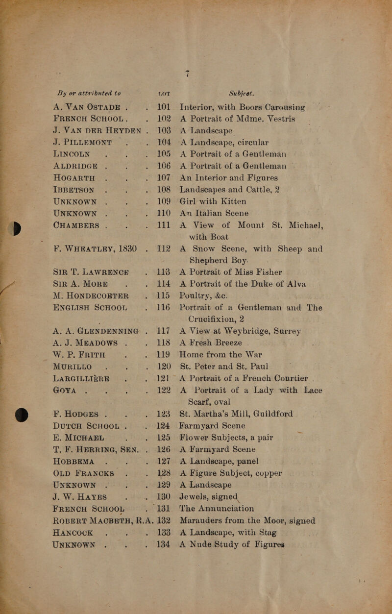 ae = at ae a War Ol. Pe tite ae pete ya Mas oF ? b=] 2 Le . = ide , oe “ 28 “ . S Z < i cae ¥  -~2  By or attributed to LOT Subjeet. A. VAN OSTADE . . 101 Interior, with Beors Carousing FRENCH SCHOOL. . 102 A Portrait of Mdme. Vesiris J. VAN DER HEYDEN . 103 A Landscape J. PILLEMONT . . 104 A Landscape, circular LINCOLN. , . 105 A Portrait of a Gentleman ALDRIDGE . : . 106 A Portrait of a Gentleman HOGARTH . . . 107 An Interior and Figures IBBETSON ... . 108 Landscapes and Cattle, 2 UNKNOWN . . 109 Girl with Kitten UNKNOWN . . 110 An Italian Scene CHAMBERS . =. . 111 A View of Mount St. Michael, with Boat F, WHEATLEY, 1830 . 112 A Snow Scene, with Sheep and Shepherd Boy. SIR 'T. LAWRENCE . 11d A Portrait of Miss Fisher SIR A. MORE 5 . 114 A Portrait of the Duke of Alva M. HonDECOETER . 115 Poultry, &amp;c. | | ENGLISH SCHOOL . 116 Portrait of a Gentleman and The ; Crucifixion, 2 A. A. GLENDENNING . 117 A View at Weybridge, Surrey A.J. MEADOWS . . 118 A Fresh Breeze | W. P. FRITH ‘ . 119 Home from the War © MURILLO : . 120 St. Peter and St. Paul LARGILLIERE . 121° A Portrait of a French Courtier GOYA . : ; . 122 A Portrait of a Lady with Lace Scarf, oval F, HODGES . : . 123 St. Martha’s Mill, Guildford DUTCH SCHOOL . . 124 Farmyard Scene K. MICHAEL : . 125 Flower Subjects, a pair T. F. HERRING, SEN. . 126 A Farmyard Scene HOBBEMA . : . 127 A Landscape, panel OLD FRANCKS . . 1238 A Figure Subject, copper UNKNOWN ... . 129 A Landscape J. W. HAYES ; . 180 Jewels, signed FRENCH SCHOOL . 131 The Annunciation ROBERT MACBETH, R.A. 132 Marauders from the Moor, signed HANCOCK . E . 133 A Landscape, with Stag UNKNOWN . : . 1384 A Nude Study of Figures