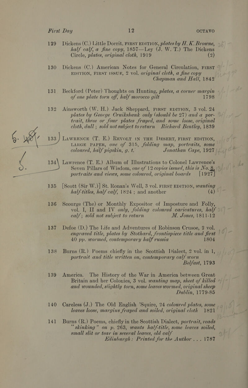 ao~N 129 Dickens (C.) Little Dorrit, FIRST EDITION, plates by H. K. Browne, half calf, a fine copy, 1857—Ley (J. W. T.) The Dickens Circle, plates, original cloth, 1919 (2) 130 Dickens (C.) American Notes for General Circulation, FIRST EDITION, FIRST ISSUE, 2 vol. original cloth, a fine copy Chapman and Hall, 1842 131. Beckford (Peter) ‘Thoughts on Hunting, plates, a corner margin of one plate torn off, half morocco gilt 1798 132 Ainsworth (W. H.) Jack Sheppard, FIRST EDITION, 3 vol. 24 plates by George Cruikshank only (should be 27) and a por- trait, three or four plates frayed, and some loose, original cloth, dull ; sold not subject toreturn Richard Bentley, 1839 133) LAWRENCE (T. E.) Revoir iN THE DESERT, FIRST EDITION, — LARGE PAPER, one of 315, folding map, portraits, some coloured, half pigskin, g. t. Jonathan Cape, 1927 '. 134\ Lawrence (T. E.) Album of Illustrations to Colonel Lawrence’s Seven Pillars of Wisdom, one of 12 copies issued, this is No. # portraits and views, some coloured, original boards [1927 135 [Scott (Sir W.)] St. Ronan’s Well, 3 vol. FIRST EDITION, wanting half-titles, half calf, 1824 ; and another (4) 136 Scourge (The) or Monthly Expositor of Imposture and Folly, vol. I, II and IV only, folding coloured caricatures, half calf; sold not subject to return M. Jones, 1811-12 137 Defoe (D.) The Life and Adventures of Robinson Crusoe, 2 vol. engraved title, plates by Stothard, frontispiece title and first 40 pp. wormed, contemporary half russia 1804 138 Burns (R.) Poems chiefly in the Scottish Iialect, 2 vol. in 1, portrait and title written on, contemporary calf worn Belfast, 1793 139 America. The History of the War in America between Great Britain and her Colonies, 3 vol. wanting map, sheet of killed and wounded, slightly torn, some leaves wormed, original sheep Dublin, 1779-85 140 Careless (J.) The Old English ’Squire, 24 coloured plates, some leaves loose, margins frayed and soiled, original cloth 1821 141 Burns (R.) Poems, chiefly in the Scottish Dialect, portrait, reads skinking” on p. 263, wants half-title, some leaves soiled, small slit or tear in several leaves, old calf Edinburgh: Printed for the Author ... 1787