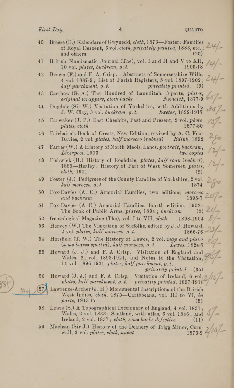 QUARTO 4] 42 43  and others 10 vol. plates, buckram, g: t. half parchment, g. t. 1905-18 “ original wrappers, cloth backs plates, cloth a5 / 1899-1917 Ay, ‘ a ‘S$ /x 1877-80 ° / Zfo OQ Liverpool, 1903 two copies cloth, 1901 (2) half morocco, g. t. 1874 and buckram Genealogical Magazine (The), vol. I to VII, cloth 1898-1904 2 vol. plates, half morocco, g. t. 14 vol. 1896-1921, plates, half parchment, Ost: parts, 1913-17 (5) 7 Ireland, 2 vol. 1837; cloth, some backs defective €Gie ue Maclean (Sir J.) ie of the Deanery of Trigg Minor, Corn- ff ee ———