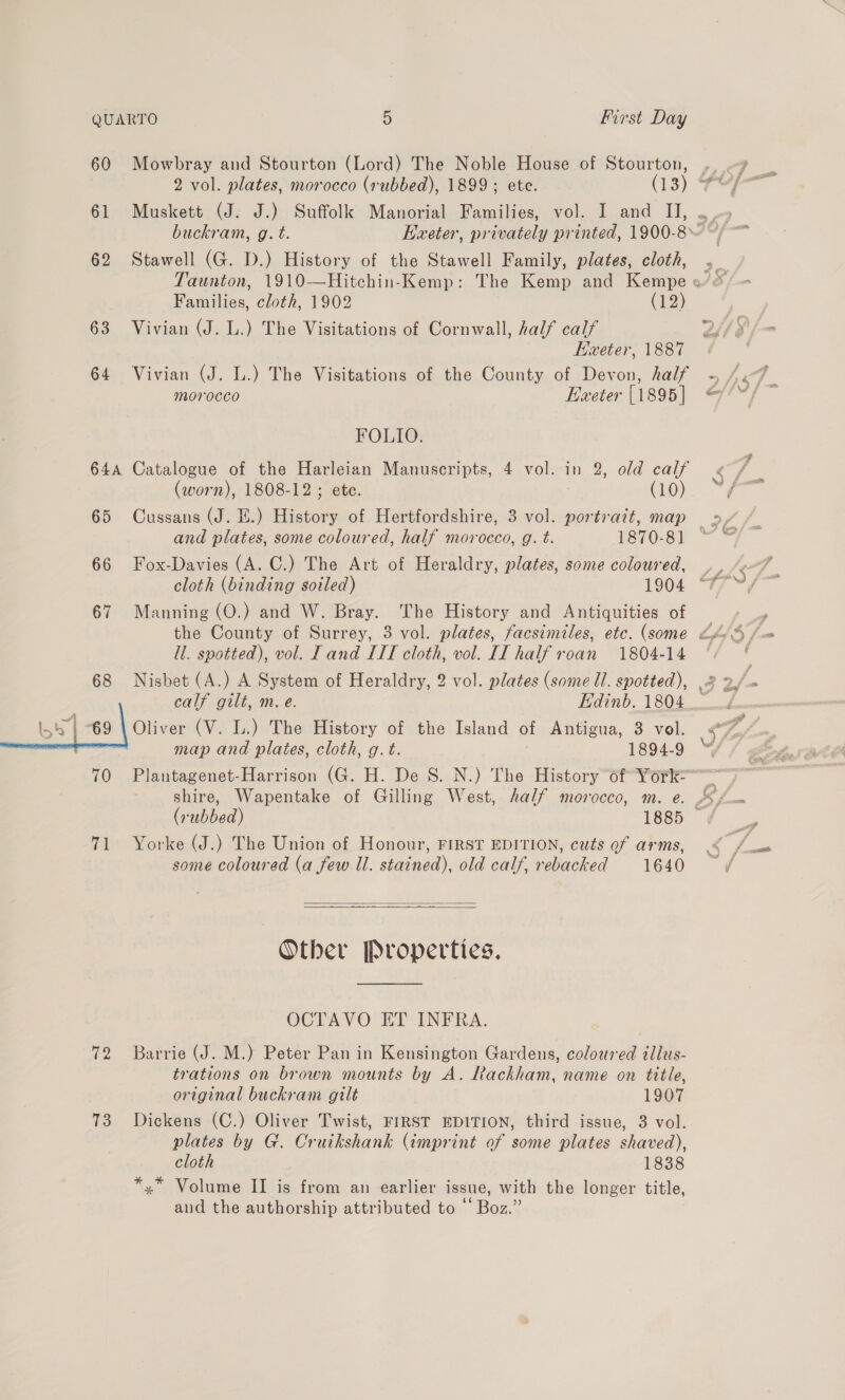  QUARTO D First Day 60 Mowbray and Stourton (Lord) The Noble House of Stourton, 62 Stawell (G. D.) History of the Stawell Family, plates, cloth, Families, cloth, 1902 (12) 63 Vivian (J. L.) The Visitations of Cornwall, half calf 64 Vivian (J. L.) The Visitations of the County of Devon, half morocco Exeter [1895| &amp; FOLIO; 64A Catalogue of the Harleian Manuscripts, 4 vol. in 2, old calf ‘ (worn), 1808-12 ; etc. GON 65 Cussans (J. E.) History of Hertfordshire, 3 vol. portrait, map oF and plates, some coloured, half morocco, g. t. Lepoes) 66 Fox-Davies (A. C.) The Art of Heraldry, plates, some coloured, ig cloth (binding soiled) 1904. T/7 ~/ 67 Manning (O.) and W. Bray. ‘The History and Antiquities of ll. spotted), vol. Land LIT cloth, vol. IT half roan 1804-14 68 Nisbet (A.) A System of Heraldry, 2 vol. plates (some ll. spotted), Oliver (V. L.) The History of the Island of Antigua, 3 vol. map and plates, cloth, g. t. 1894-9 shire, Wapentake of Gilling West, half morocco, m. e. 71 Yorke (J.) The Union of Honour, FIRST EDITION, cuts of arms, some coloured (a few ll. stained), old calf, rebacked 1640   Otber Properties.  OCTAVO ET INFRA. 72 Barrie (J. M.) Peter Pan in Kensington Gardens, coloured tllus- trations on brown mounts by A. Ltackham, name on title, original buckram gilt 1907 73 Dickens (C.) Oliver Twist, FIRST EDITION, third issue, 3 vol. cloth 1838 *,* Volume II is from an earlier issue, with the longer title, aud the authorship attributed to “Boz.”