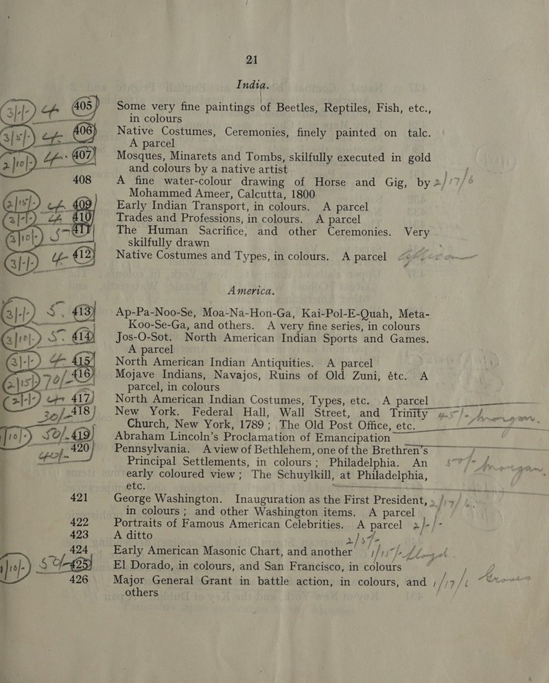  I ndia. Some very fine paintings of Beetles, Reptiles, Fish, etc., in colours Native Costumes, Ceremonies, finely painted on talc. A parcel Mosques, Minarets and Tombs, skilfully executed in gold and colours by a native artist ee A fine water-colour drawing of Horse and Gig, by #/’7/ Mohammed Ameer, Calcutta, 1800 Early Indian Transport, in colours. A parcel Trades and Professions, in colours. A parcel The Human Sacrifice, and other Ceremonies. Very skilfully drawn | Native Costumes and Types, in colours. A parcel America. Ap-Pa-Noo-Se, Moa-Na-Hon-Ga, Kai-Pol-E-Quah, Meta- Koo-Se-Ga, and others. A very fine series, in colours Jos-O-Sot. North American Indian Sports and Games. A parcel North American Indian Antiquities. A parcel Mojave Indians, Navajos, Ruins of Old Zuni, étc. A parcel, in colours North American Indian Costumes, Types, etc. A parcel ¥. New York. Federal Hall, Wall Street, and Trinity g-/. /. Church, New York, 1789; The Old Post Office, etc. ~ eee Abraham Lincoln’s Proclamation of Emancipation Pennsylvania. A view of Bethlehem, one of the Brethren’s Rah: a Principal Settlements, in colours; Philadelphia. An {7° A early coloured view; The Schuylkill, at Philadelphia, ie etc. ote rere a hake, George Washington. Inauguration as the First President, » /, = in colours ; and other Washington items. A parcel Portraits of Famous American Celebrities. A parcel 2/- ft A ditto 2/54- . Early American Masonic Chart, and another / 7 fi A bts { El Dorado, in colours, and San Francisco, in colours | Rize Major General Grant in battle action, in colours, and , hia /t he anal others