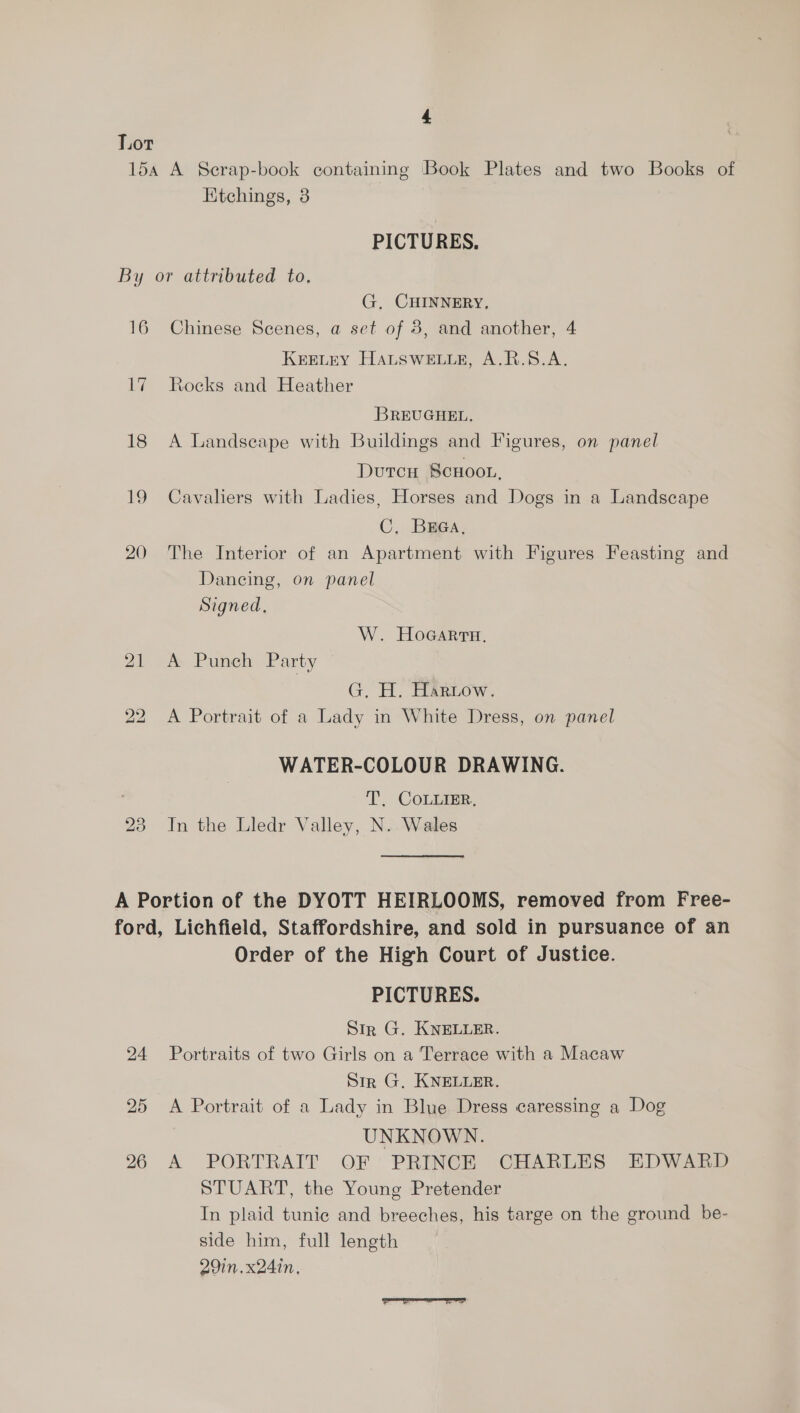 Lor 15a A Scrap-book containing Book Plates and two Books of Etchings, 3 PICTURES. By or attributed to, G, CHINNERY, 16 Chinese Scenes, a set of 8, and another, 4 KEELEY HALSWELLe, A.R.S.A. 17 Rocks and Heather BREUGHEL. 18 A Landseape with Buildings and Figures, on panel DurcH Scuoor, 19 Cavaliers with Ladies, Horses and Dogs in a Landscape C, Braa, 20 The Interior of an Apartment with Figures Feasting and Dancing, on panel Signed, W. Hoecarra. 21 A Punch Party G. H. Harzow. 22 A Portrait of a Lady in White Dress, on panel WATER-COLOUR DRAWING. T. CoLuiEr., In the Lledr Valley, N. Wales bo Se) A Portion of the DYOTT HEIRLOOMS, removed from Free- ford, Lichfield, Staffordshire, and sold in pursuance of an Order of the High Court of Justice. PICTURES. Str G. KNELLER. 24 Portraits of two Girls on a Terrace with a Macaw Sir G. KNELLER. 25 <A Portrait of a Lady in Blue Dress caressing a Dog UNKNOWN. 26 A PORTRAIT OF PRINCE CHARLES EDWARD STUART, the Young Pretender In plaid tunie and breeches, his targe on the ground be- side him, full length 29in.x24in,