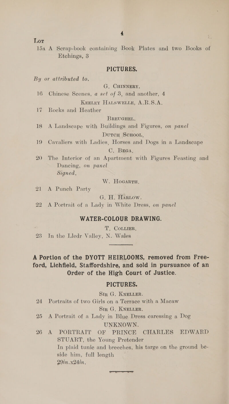 Lor 15a A Scrap-book containing Book Plates and two Books of Etchings, 3 PICTURES. By or attributed to, G, CHINNERY, 16 Chinese Scenes, a set of 8, and another, 4 KEELEY HALSWELLe, A.R.S.A. 17 Rocks and Heather BREUGHEL. 18 A Landseape with Buildings and Figures, on panel DurcH Scuoor, 19 Cavaliers with Ladies, Horses and Dogs in a Landscape C, Braa, 20 The Interior of an Apartment with Figures Feasting and Dancing, on panel Signed, W. Hoecarra. 21 A Punch Party G. H. Harzow. 22 A Portrait of a Lady in White Dress, on panel WATER-COLOUR DRAWING. T. CoLuiEr., In the Lledr Valley, N. Wales bo Se) A Portion of the DYOTT HEIRLOOMS, removed from Free- ford, Lichfield, Staffordshire, and sold in pursuance of an Order of the High Court of Justice. PICTURES. Str G. KNELLER. 24 Portraits of two Girls on a Terrace with a Macaw Sir G. KNELLER. 25 &lt;A Portrait of a Lady in Blue Dress caressing a Dog UNKNOWN. 26 A PORTRAIT OF PRINCE CHARLES EDWARD STUART, the Young Pretender In plaid tunie and breeches, his targe on the ground be- side him, full length 29in.x24in,