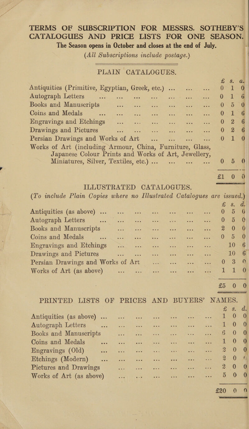 TERMS OF SUBSCRIPTION FOR MESSRS. SOTHEBY’S CATALOGUES AND PRICE LISTS FOR ONE SEASON, The Season opens in October and closes at the end of July. (All Subscriptions include postage.)  PLAIN CATALOGUES. SCAAOoaceo ao  B 8. Se aiitiee (Primitive, oo Greek, oe Ce | Autograph Letters : : : Qf Books and Manuscripts 0 5 Coins and Medals 0 4 Engravings and Htchings 0 2 Drawings and Pictures 0 2 Persian Drawings and Works of Ae ee! Works of Art (including Armour, China, Hureshuns ce Japanese Colour Prints and Works of Art, J owellery Miniatures, Silver, ‘Textiles, etc.) ... », aa £1 0° 4 ILLUSTRATED CATALOGUES. (To wclude Plain Copies where no Illustrated Catalogues are issued.) &amp; 3. a Antiquities (as above) ... 0 5 4 Autograph Letters Te ane ee Books and Manuscripts ee ne Te Coins and Medals eee ge re Pine ravines and Birches, &lt; oh.) ose. ge eee eye 10-8 Drawings and Pictures re eee Lets ee aioe 10 6 Persian Drawings and Works of Ait (OS ie) ee Works of Art (as above) 1. 19% £5 0 @ PRINTED LISTS OF PRICES AND BUYERS’ NAMES. Antiquities (as above) ... Autograph Letters Books and Manuscripts Coins and Medals Engravings (Old) Ktchings (Modern) Pictures and Drawings Works of Art (as above) eo) TE OS SE 0 oO ce ed SEecaqoo ooo Ss] S20 2O.0.0 0 0 &amp; £20 i) &gt;