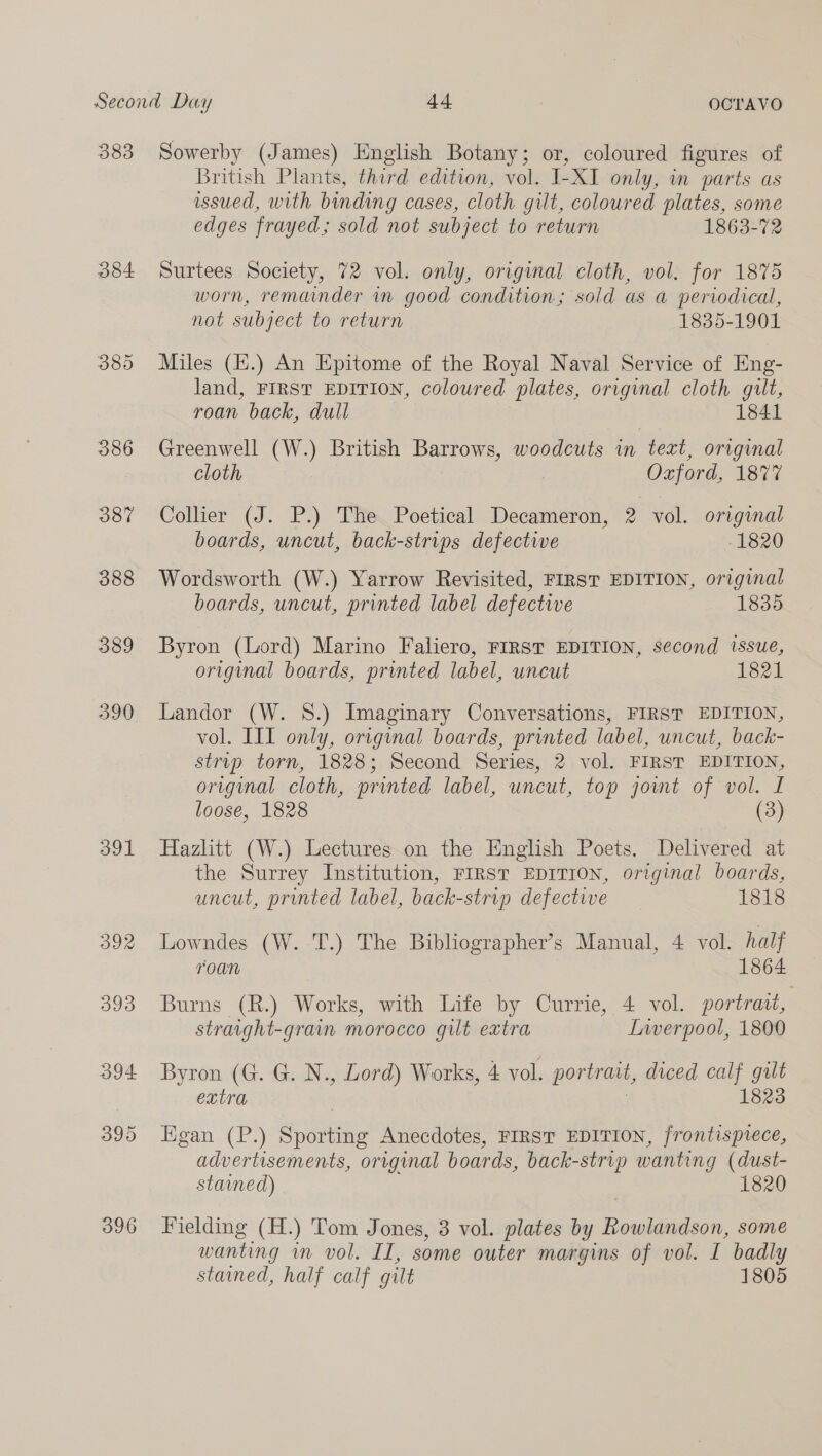 383 384 391 396 Sowerby (James) English Botany; or, coloured figures of British Plants, third edition, vol. I-XI only, wm parts as wssued, with binding cases, cloth gilt, coloured plates, some edges frayed; sold not subject to return 1863-72 Surtees Society, 72 vol. only, original cloth, vol. for 1875 worn, remainder in good condition; sold as a periodical, not subject to return 1835-1901 Miles (H.) An Epitome of the Royal Naval Service of Eng- land, FIRST EDITION, coloured plates, original cloth gilt, roan back, dull 1841 Greenwell (W.) British Barrows, woodcuts in text, original cloth . Oxford, 1877 Collier (J. P.) The Poetical Decameron, 2 vol. original boards, uncut, back-strips defectwe 1820 Wordsworth (W.) Yarrow Revisited, FIRST EDITION, original boards, uncut, printed label defective 1835 Byron (Lord) Marino Faliero, FIRST EDITION, second issue, original boards, printed label, uncut 1821 Landor (W. 8.) Imaginary Conversations, FIRST EDITION, vol. III only, original boards, printed label, uncut, back- strip torn, 1828; Second Series, 2 vol. FIRST EDITION, original cloth, printed label, uncut, top jowmt of vol. I loose, 1828 (3) Hazhtt (W.) Lectures.on the English Poets, Delivered at the Surrey Institution, FIRST EDITION, original boards, uncut, printed label, back-strip defective 1818 Lowndes (W. T.) The Bibliographer’s Manual, 4 vol. half roan 1864 Burns (R.) Works, with Life by Currie, 4 vol. portrait, straight-grain morocco gut extra Liverpool, 1800 Byron (G. G. N., Lord) Works, 4 vol. portrait, diced calf gilt extra 3 1823 Egan (P.) Sporting Anecdotes, FIRST EDITION, frontisprece, advertisements, original boards, back-strip wanting (dust- stained) 1820 Fielding (H.) Tom Jones, 3 vol. plates by Rowlandson, some wanting in vol. II, some outer margins of vol. I badly stained, half calf gilt 1805