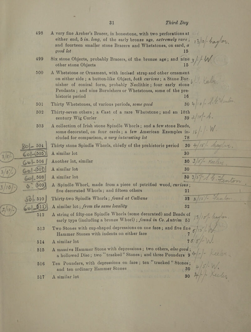 498 499 500 516 31 Third Day A very fine Archer’s Bracer, in honestone, with two perforations at | either end, 57m. long, of the early bronze age, extremely rare ; 13,/0/- y and fourteen smaller stone Bracers and Whetstones, on card, a good lot 15 : , ne } Six stone Objects, probably Bracers, of the bronze age; and nine 3} Wf other stone Objects 15 / A Whetstone or Ornament, with incised strap and other ornament &gt; on either side ; a button-like Object, both curious; a Stone Bur- , ks Sai y) nisher of conical form, probably Neolithic ; four early stone tS le Pendants ; and nine Burnishers or Whetstones, some of the pre- historic period 16 Thirty Whetstones, of various periods, some good 80 4/io/+ 44s Thirty-seven others; a Cast of a rare Whetstone; and an 18th . , , century Wig Curler ; 39 a/)t/ A. A collection of Irish stone Spindle Whorls; and a few stone Beads, 4 y/ some decorated, on four cards; a few American Examples in- /(/- / * Mv cluded for comparison, a very interesting lot 78 AS $i  ‘” Thirty stone Spindle Whorls, chiefly of the prehistoric period 380 4/18 /  A similar lot 30 renee in pe minsgpilonelaaliee a Another lot, similar 80 3/5 Kecha, A similar lot 30 aeeneneenm A similar lot 30 3/5 4 44 ae Ba ie Se ect Oe pels Tt Nery A Spindle Whorl, made from a piece of petrified wood, curious ; pan : five decorated Whorls; and fifteen others 21 ree Thirty-two Spindle Whorls; found at Culbane | 89 a //3/- he I? A similar lot; from the same locality Spas ; A string of fifty-one Spindle Whorls (some decorated) and Beads of ey A Pee ; 3/) O/- Pacg or . early type (including a bronze Whor!) ; found in Oo. Antrim 61 ‘*/ Two Stones with cup-shaped depressions on one face; and five fine ghs WA Hammer Stones with indents on either face i EP a he : A similar lot S/o \/, A massive Hammer Stone with depressions ; two others, also good ; | a hollowed Disc; two ‘‘tracked” Stones; and three Pounders 9 7/~/~ ~“* Ten Pounders, with depressions on face; ten “ tracked” Stones; TESS eck and ten ordinary Hammer Stones ee Bl / 3, . V a