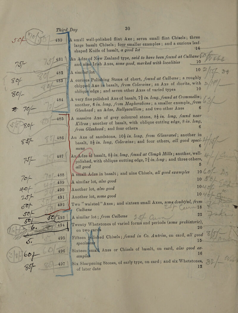 é et: SORE | vf 480 |@ small well-polished flint Axe; seven small flint Chisels; three 3 ————~© large basalt Chisels; four smaller « examples ; and a curious leaf- shaped Knife of basalt, a good lot = ‘16 | ad n Adze-of New Zealand type, said to have been found at Culbanes&amp;,    pA similar. Mot’ ; 10 &amp; = , ga curious Polishing Stone of chert, found at Culbane; a roughly oblique edge ; and seven other Axes of varied types 10 = * 2 @ 1 el Glenhead ; an Adze, Ballyscullion ; and two other Axes 6 _-485 |} A massive Axe of grey coloured stone, 842n. long, found near Kilrea ; another of basalt, with oblique cutting edge, 87. long, trom Glenkead and four others 6 An Axe of sandstone, 10% %n. long, from Glenravel; another in basalt, = long, Coleraine; and four others, all good speci- 2             ¢ gn WE oa men S- An ee ef dasalt, Skin. long, found at Clough Mills ; another, well- fpolished, with oblique cutting edge, 72 in, long; and three others, all good 5 A similar lot, also good } Another lot, also good Another lot, some good Two “waisted” Axes; and sixteen small Axes, some doubtful, from Culbane | a (Ae \ 1A similar lot; from Culbane veg De 22 wenty Whetstones of varied faerie Hat Sade (some prehistoric), on two gar Fifteen polish ed Chisels; found in Co. Antrim, on card, all good mens 15    “496 (| Sixteen Small Axes or Chisels of basalt, on card, also good ew- amples 16 SI F\—A9T | | Six Sharpening Stones, of early type, on card; and six Whetstones, 7 | of later date eee él ig~