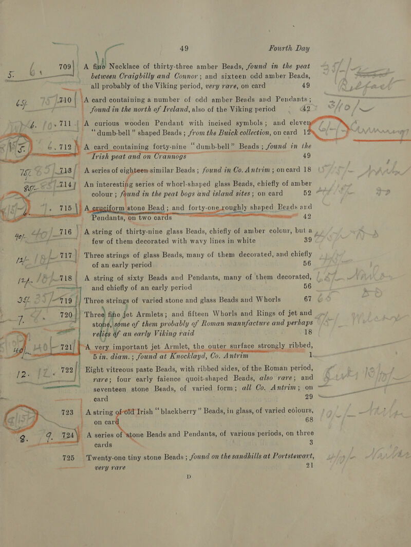   l. : 709) A fi ae of thirty-three amber Beads, found in the peat eae between Craigbilly and Connor; and sixteen odd amber Beads, all probably of the Viking period, very rare, on card 49 bs 751310 | la card containing a number of odd amber Beads and Pendants ; : Sound in the north of Ireland, also of the Viking period ~ &lt;42 1s ya 711 | ‘A curious wooden Pendant with incised symbols; and eleve1 ‘dumb-bell ” shaped Beads ; from the Buick collection, on card | | | &amp;, 712 i A card containing forty-nine 1e “ dumb-bell fh Beads ; found in the Irish peat ‘and on Crannogs  49 757.6 118 | A series of eighseon similar Beads ; found in Co. Antrim ; oncard 18 / ; GI ef Eaty An interesting series of whorl-shaped glass Beads, chiefly of amber _ LE “i colour ; found 1 in the peat bogs and island sites; on card 520% Ts TIS\BA l orm stone Bead ;     and forty-one roughly shaped Beads and   Pendants, on two cards few of them decorated with wavy lines in white 39 /1/- ix L 717 | Three strings of glass Beads, many of them decorated, and chiefly oy q of an early-period . | 56 —— ; (2p. /*~18 | A string of sixty Beads and Pendants, many of them decorated, Pal and chiefly of an early period 56 ILE ) / /-719 eT J Three strings of varied stone and glass Beads and Whorls 67 | —t a7 &lt;/. 720 / Three fine jet Armlets; and fifteen Whorls and Rings of jet and ES: i st @, some of them pr obably of Roman manufacture and perhaps re li¢s of an early Viking raid 18 A _very important jet Armilet, | the outer | surface strongly ribbed,  OS SETAE : ) “5 in. diam. ; ‘ found « at “‘Knocklayd, Co. ‘Antrim 1 12 P7722 h Hight vitreous paste Beads, with ribbed sides, of the Roman period, ee epee | rae; four early faience quoit-shaped Beads, also rare; and psames OEE seventeen stone Beads, of varied form; all Co. Antrim; on wigg eo card : 29 723 i A string Irish “ blackberry ” Beads, in glass, of varied colours, j on car 68 724 A series of ‘stone Beads and Pendants, of various periods, on three  cards 3 725 Twenty-one tiny stone Beads ; found on the sandhills at Portstewart, ee very rare 21 D