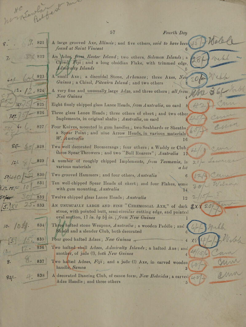     Se a mete a Pas! Q N P . wn) jb Vi KU - IX \v i — 57 Fourth Day ¢g A Ny 4 821 ) A large grooved Axe, Illinois; and five others, said to have been Sound at Saint Vincent 7- Bar./'822 An \Adz om. Master Island; two others, Solomon Islands ; 2 ; i a ise i; and a long absidiag Flake, with trimmed edge, fi : bavi \ 5 A*small Axe; a discoidal Stone, Arkansas; three Axes, New Guinea ; a Chisel, Pitcairn Island ; and two others oa ny _A very fine and unusually large Adze, and three others ; all from HW /; New Guinea 477  _ Hight finely chipped glass Lance Heads, from Australia, on card Ig! 826 26 | Three glass Lance Heads; three others of chert ; and two other “Taf oa Implements, in original hatte’ Austraha, on card g _— = ell fp Neb Oa T nGr Knives, mounted in gum handles ; we Scabbards or SEO! @ {7% Wes &lt;A Re &lt;a pilh Spear Point ; and nine Arrow Heads, _in_various_ materials “a /#F eel ; W. ustralia a : Tika: Sx/— bof 8. Two well decorated Boomerangs ; four others; a Waddy or Club A P + far i err ee | . . three Spear Throwers ; and two “Bull Rodlers” ; Australia 1G P ee al : ~ . ‘ee &lt;7 . - [af “my 829 fs A number ‘of roughly chipped Implements, Jrom Tasmania, in 22? )— —* | —# oat various materials a lot “j 830 / Two grooved Hammers; and four others, Australia . 6 SUDY, ~~ Pn \. al ez | Ten well-chipped Spear Heads of chert; and four Flakes, ‘some aya pee’ (0 i with gum mounting, Australia ‘hd se rs, B32 f. T'welve chipped glass Lance Heads; Australia 12 Ue SS IS. SKY: had » 833 _AN UNUSUALLY LARGE AND FINE ‘CEREMONIAL Ax,” of dark eee stone, with pointed butt, semi-circular cutting edge, and pointed ae oval dae 17 in. by 54 in.; from New Guinea ; /0. /o &amp;: 834/1 The hafted stone Weapons, Australia; a wooden Paddle ; and CoP ie lf J Bart ueld and a slender Club, both decorated 6 | rere wt          34 rs , Bf) ? ro F| 45: 835 &gt; Four Pho hafted Adzes; New Guinea ————— » XV tH) YY a4, Ree (Z F 6 ‘Lwo hafted--shell Adzes, Admiralty Islands; a hafted Axe; and, - hh oP er 3 ae *, of jade (2), both New Guinea 1 Wide th 3. ae 837 ‘Two hafted Adzes, Fij7; and a jade (%) Axe, in carved wooden gah handléSamoa ae 3 | 7 . _ Adze Handle; and three others 5 al